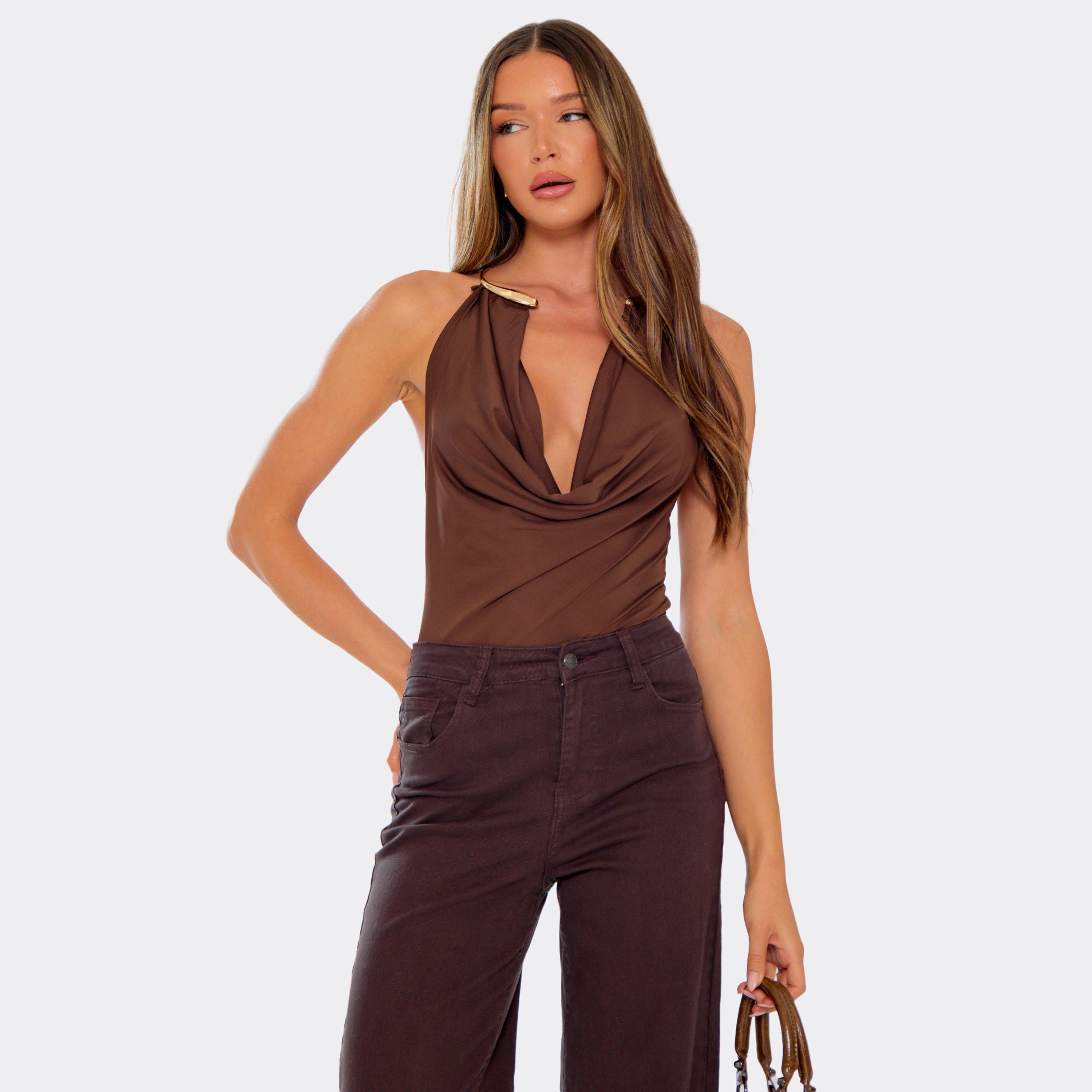 Gold Trim Detail Cowl Neck Bodysuit In Chocolate Brown, Women’s/L
