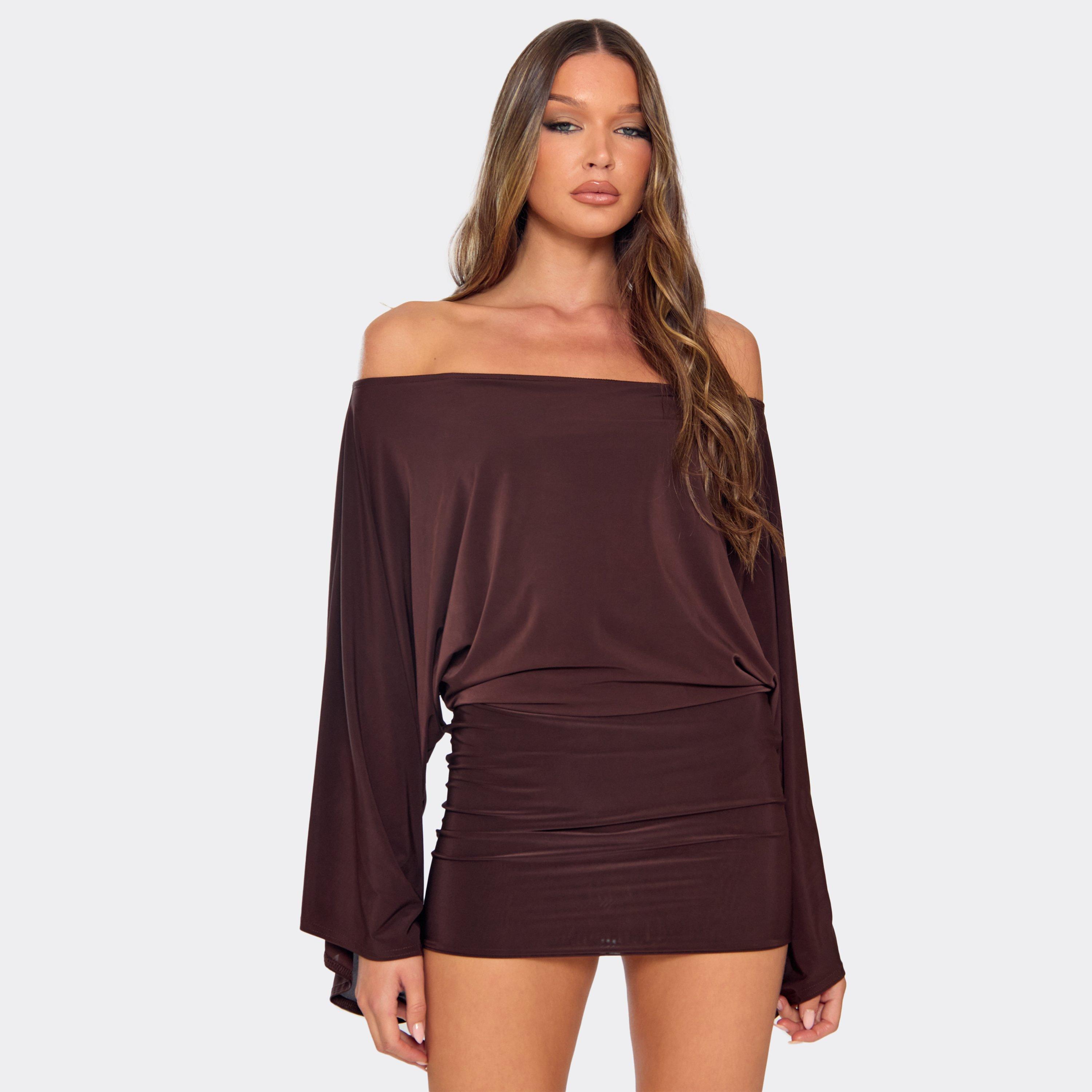 Bardot Extreme Drape Sleeve Detail Mini Dress In Chocolate Brown, Women's Size UK 6