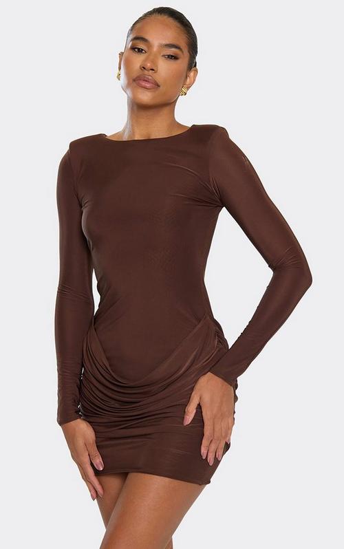 brown knee length dress Long Sleeve Extreme Plunge Mini In Chocolate | EGO US Product-SQ