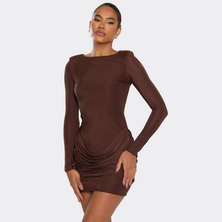 Long Sleeve Shoulder Pad Front Draping Detail Mini Dress In Chocolate Brown, Women's Size US