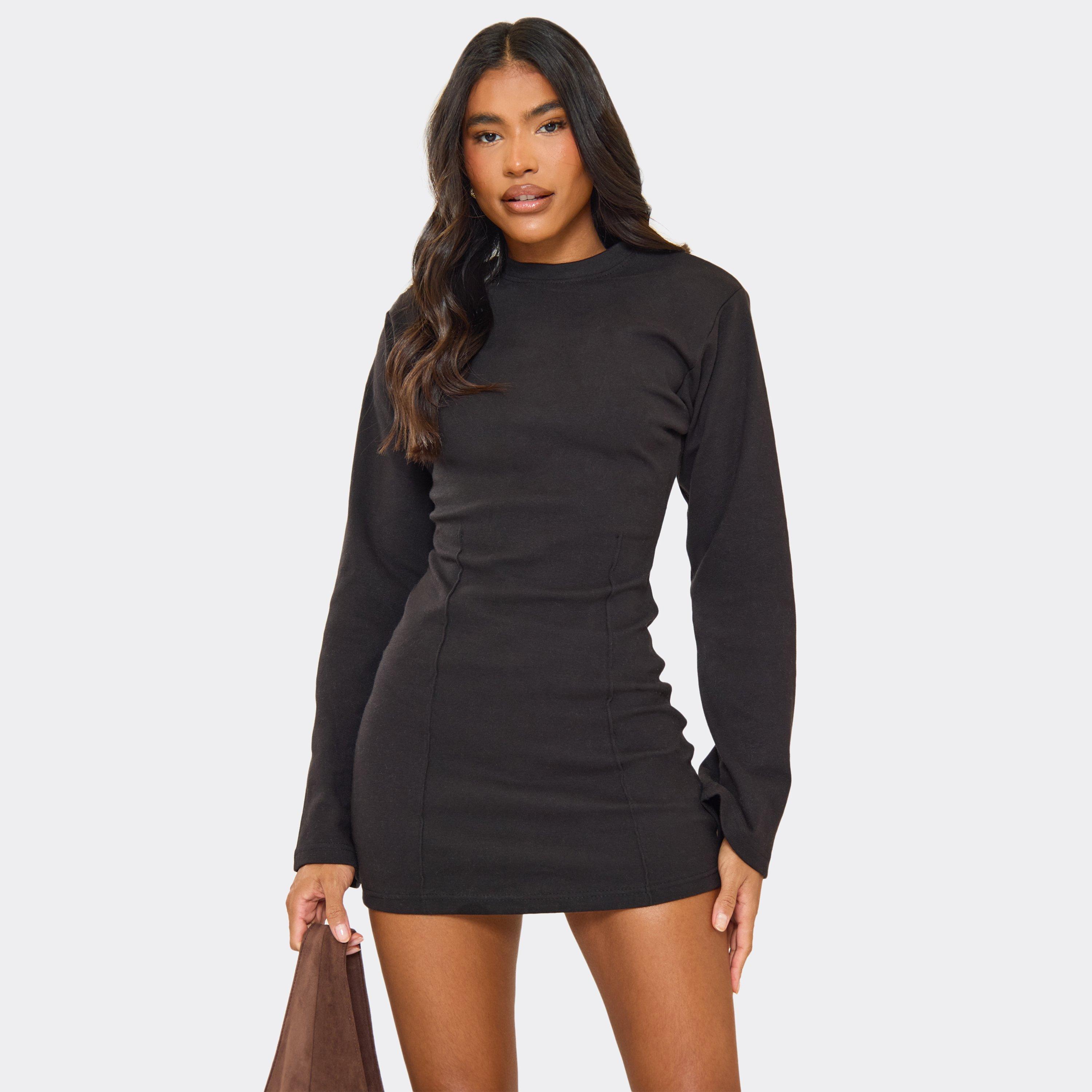 Long Sleeve Shoulder Pad Cinched Waist Detail Mini Dress In Black, Women’s