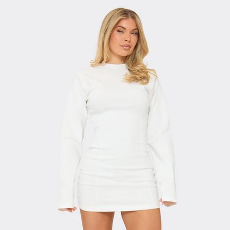 Long Sleeve Shoulder Pad Cinched Waist Detail Mini Dress In Cream, Women's Size US