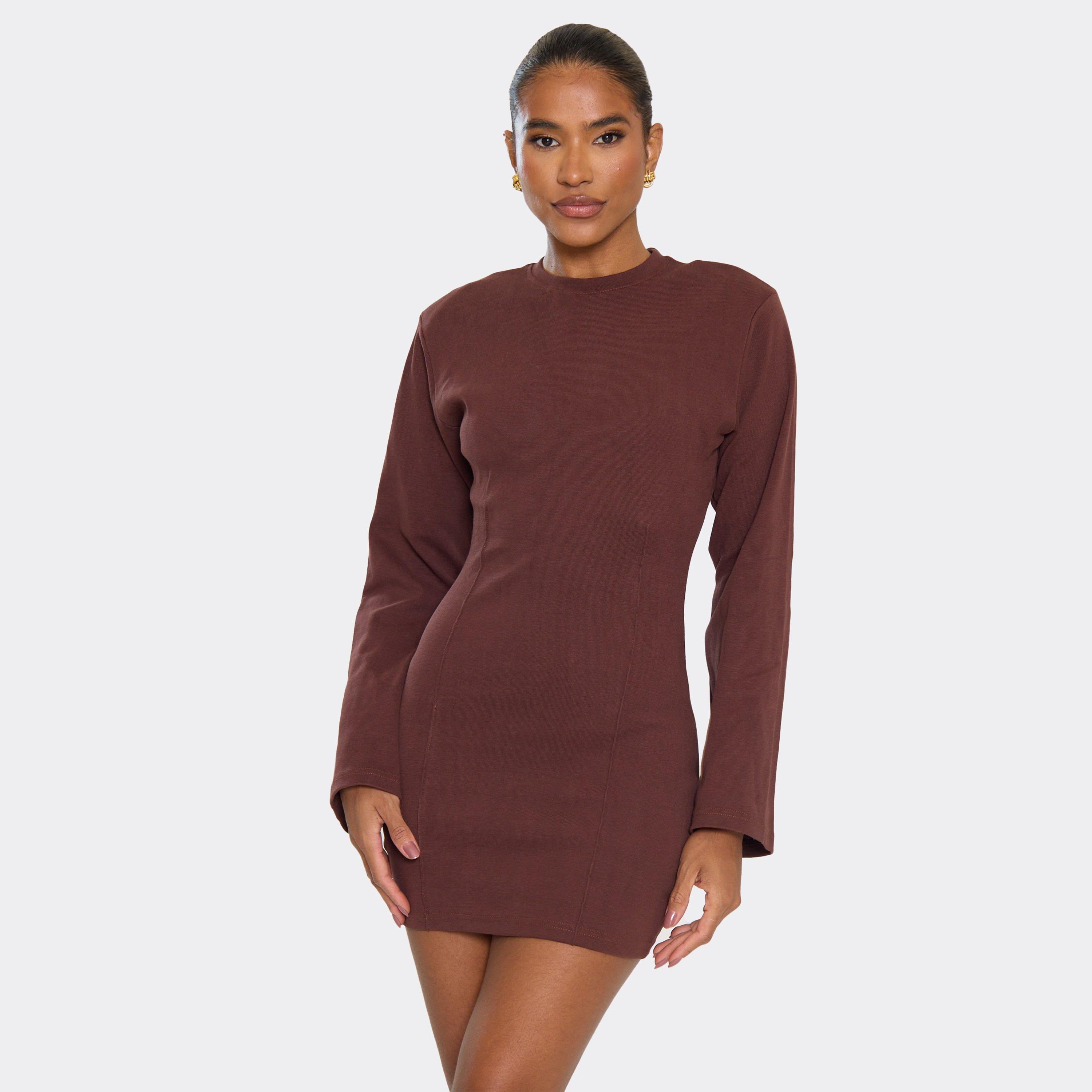 Long Sleeve Shoulder Pad Cinched Waist Detail Mini Dress In Chocolate Brown, Women’s