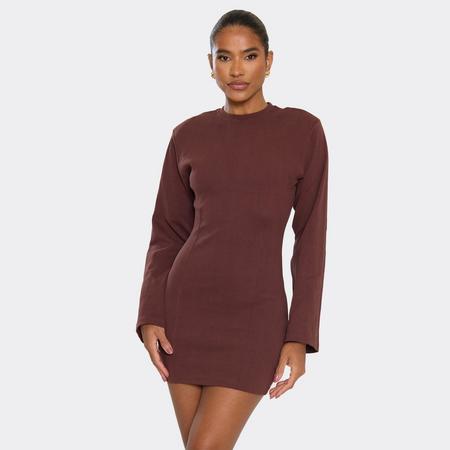 Long Sleeve Shoulder Pad Cinched Waist Detail Mini Dress In Chocolate Brown, Women's Size US