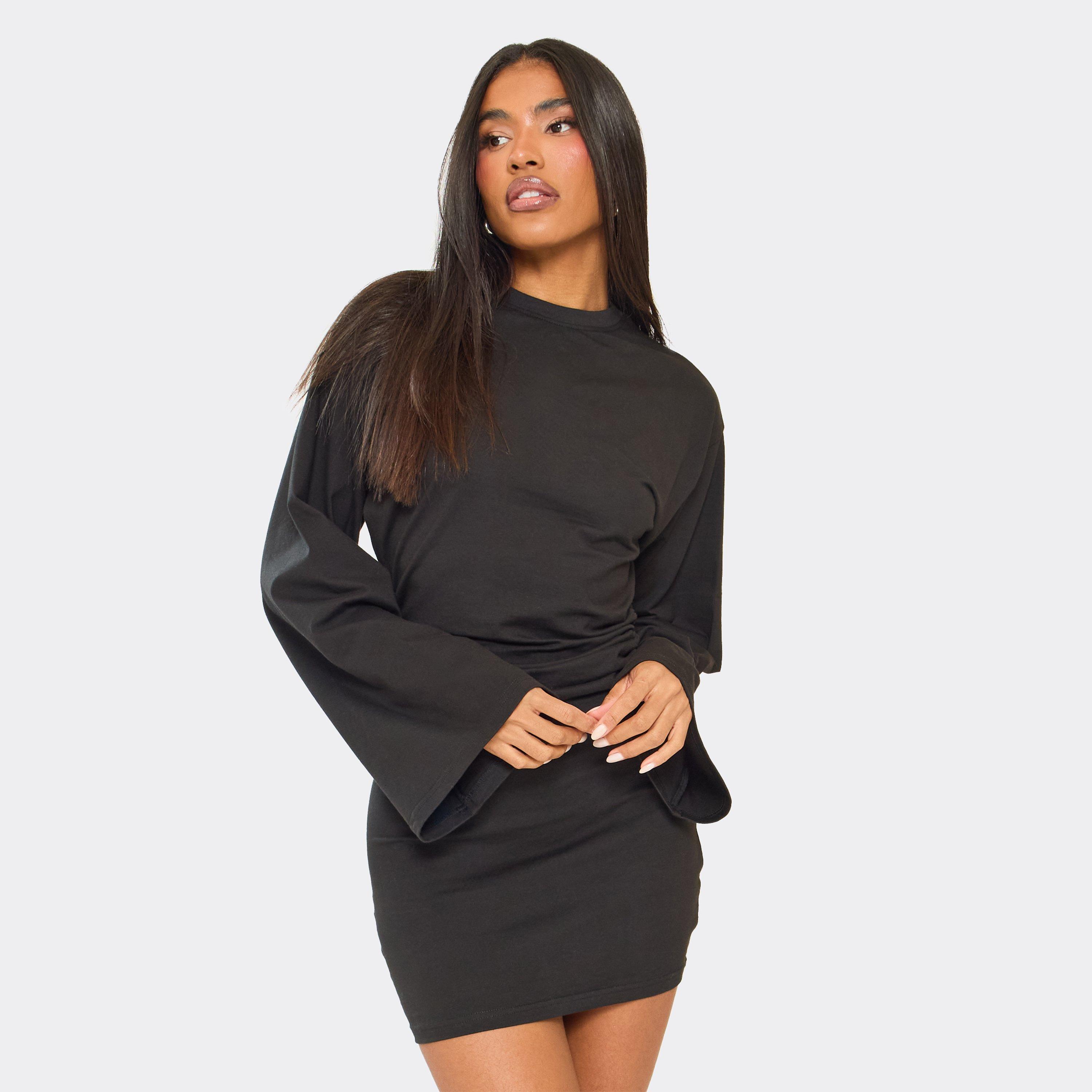 Flared Sleeve Ruched Panel Detail T-Shirt Mini Dress In Black, Women’s