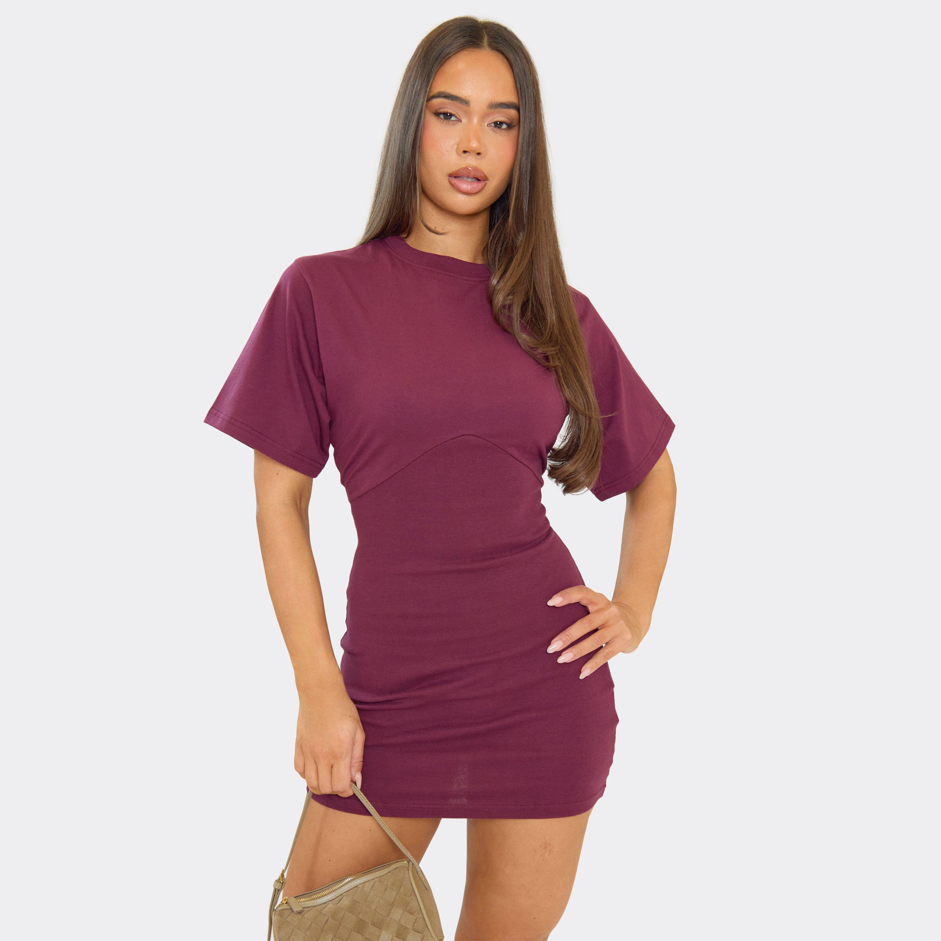 Short Sleeve Cinched Waist Underbust Seam Detail T-Shirt Dress In Plum, Women's Size UK 14