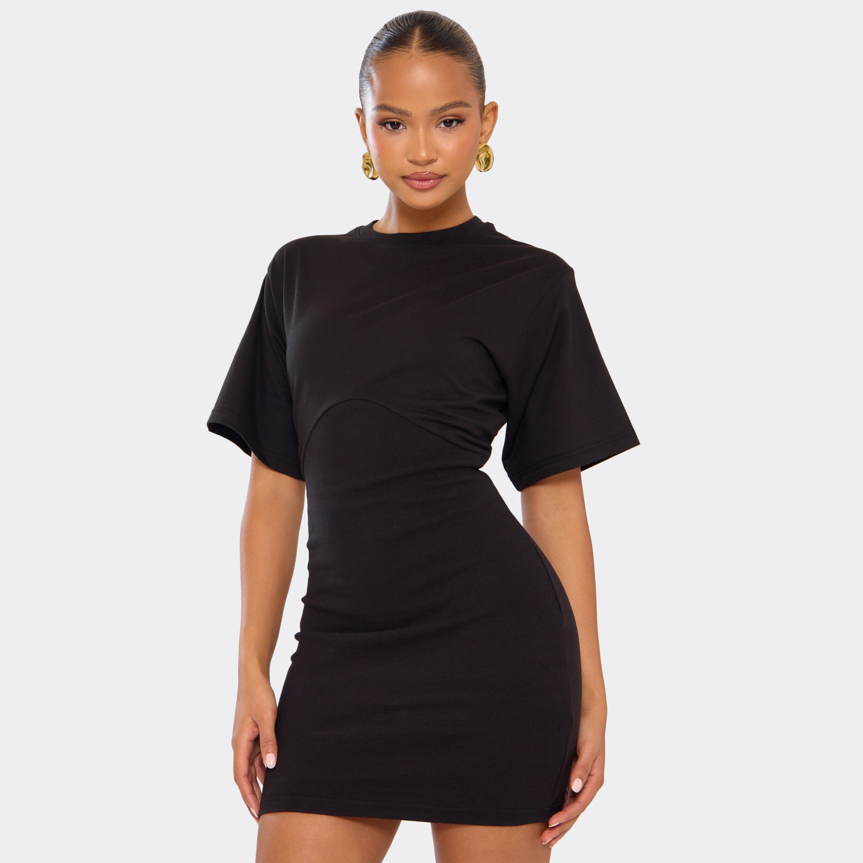 Short Sleeve Cinched Waist Underbust Seam Detail T-Shirt Dress In Black, Women’s