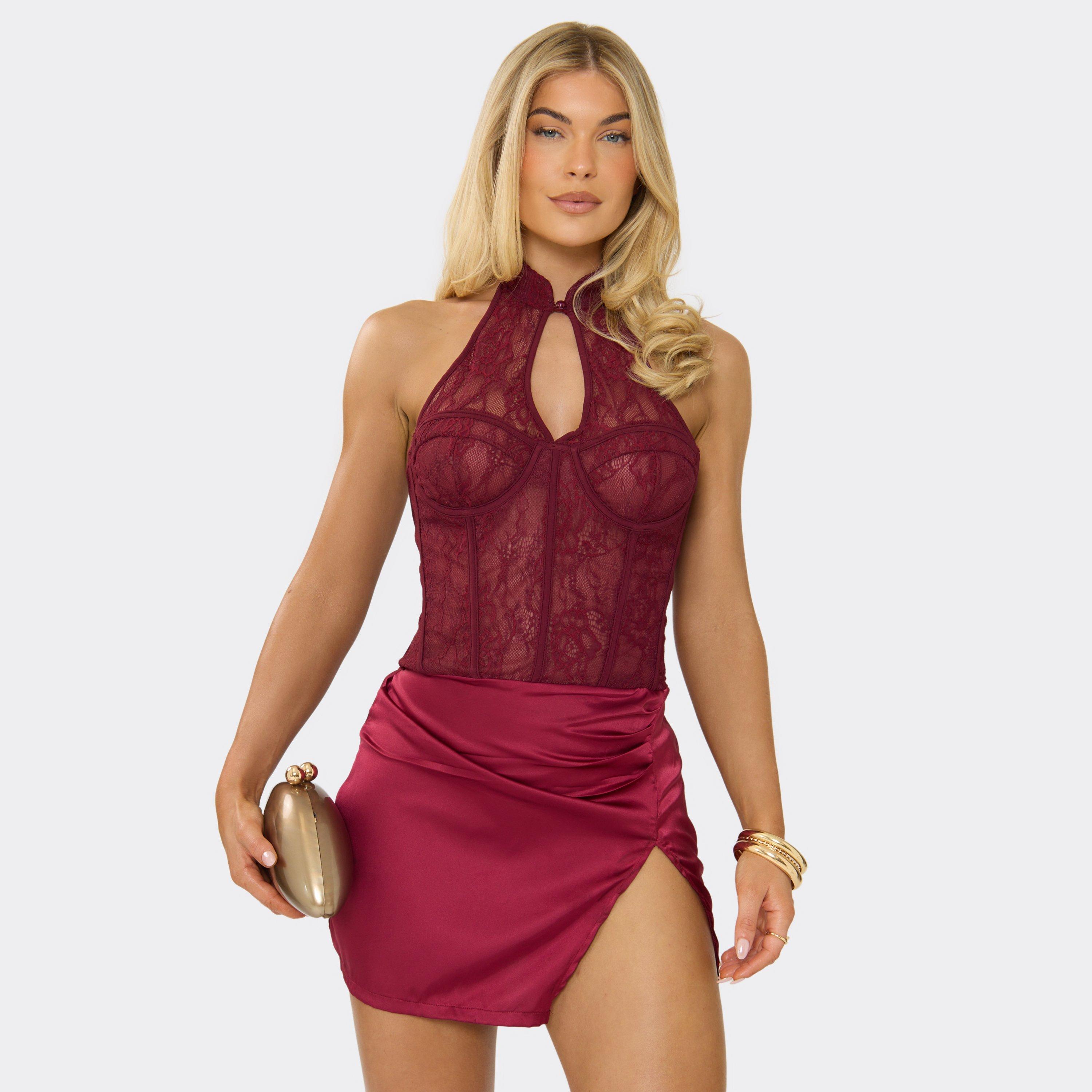 High Neck Underwire Lace Corset Split Hem Skirt Detail Mini Dress In Burgundy, Women's Size UK 10