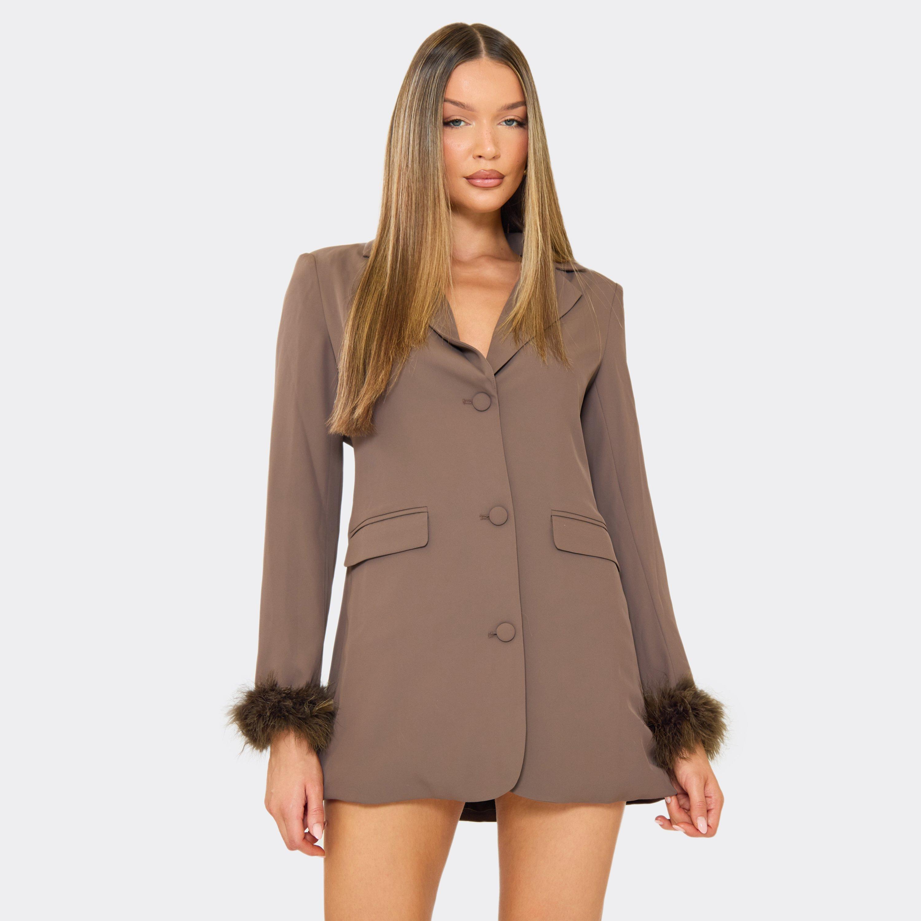 Long Sleeve Feather Cuff Detail Blazer Dress In Chocolate Brown, Women’s