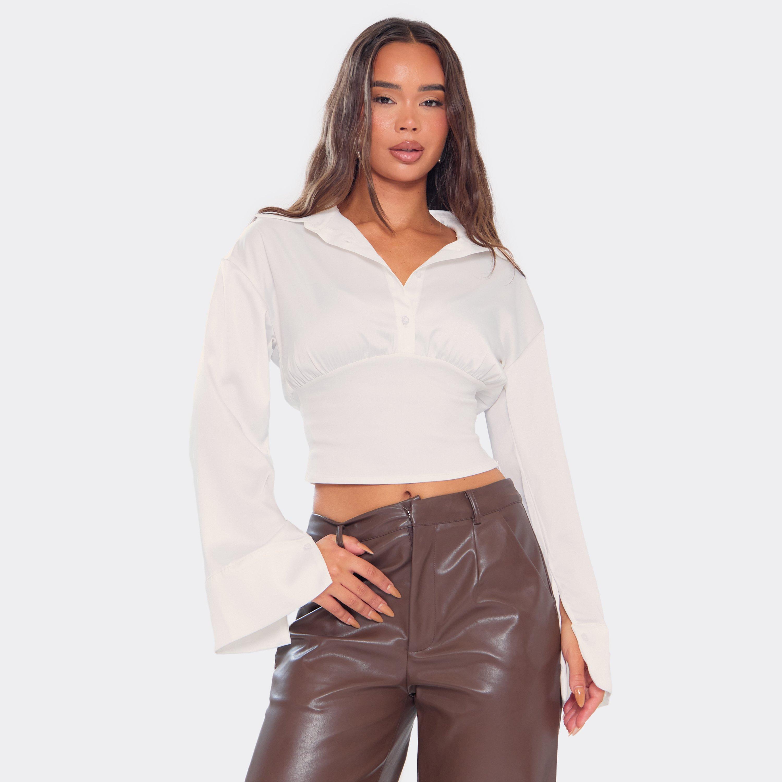 Image of Long Sleeve Cinched Waist Detail Shirt In White, Women's