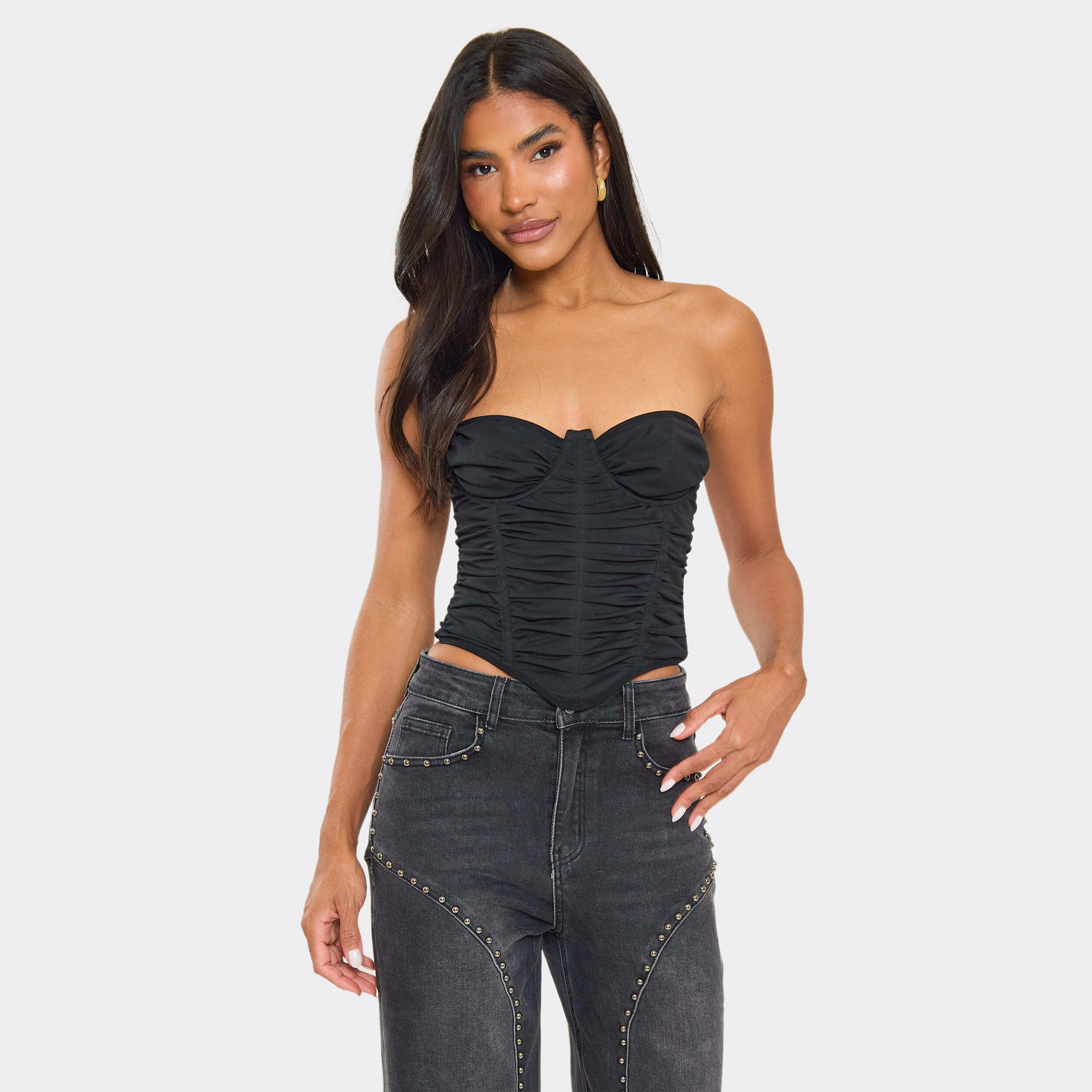 Bandeau Ruched Detail Corset Top In Black Mesh, Women’s