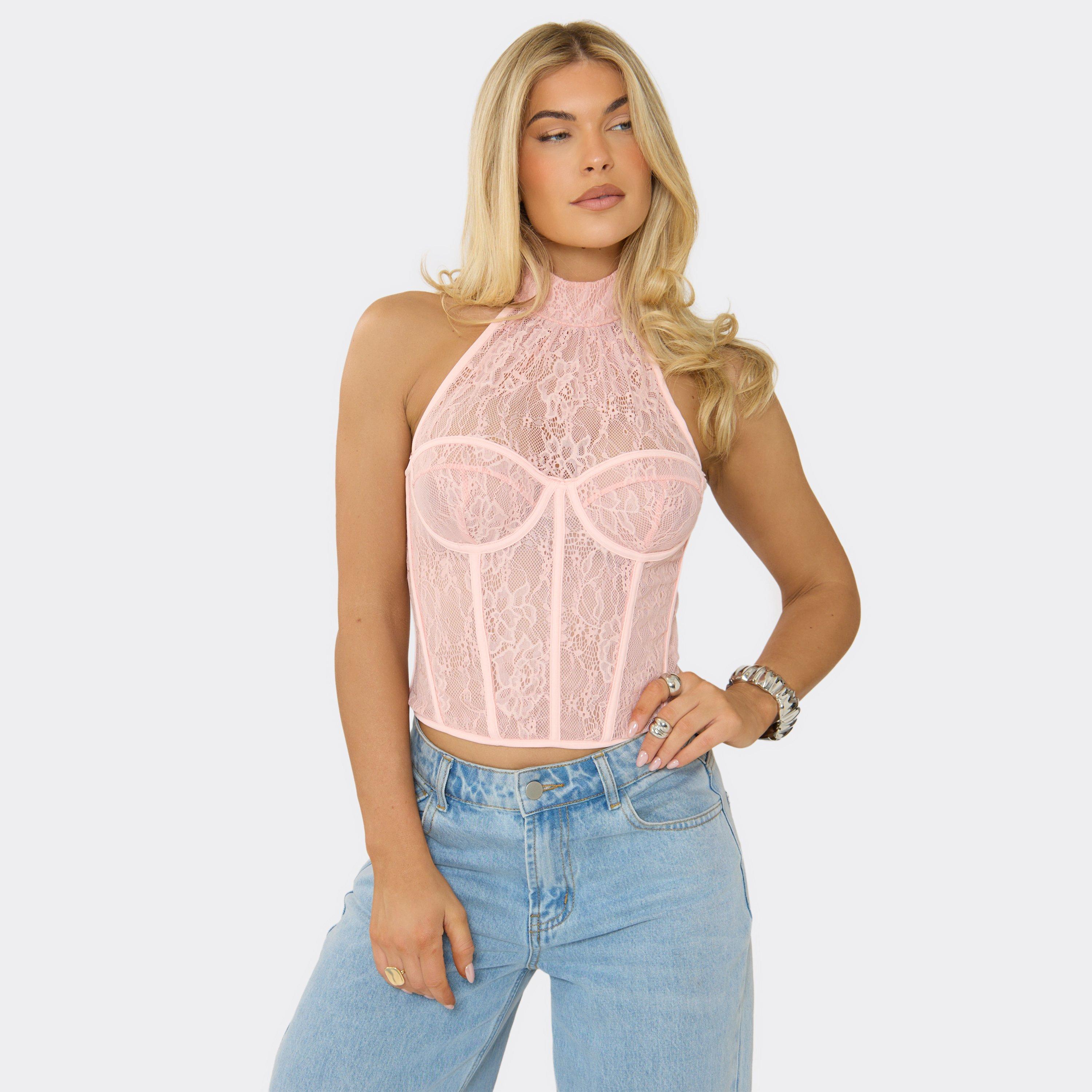 High Neck Underwired Corset Top In Pink Lace, Women's Size UK 8