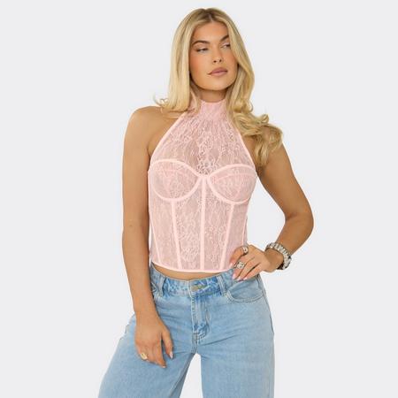 High Neck Underwired Corset Top In Pink Lace, Women's Size US