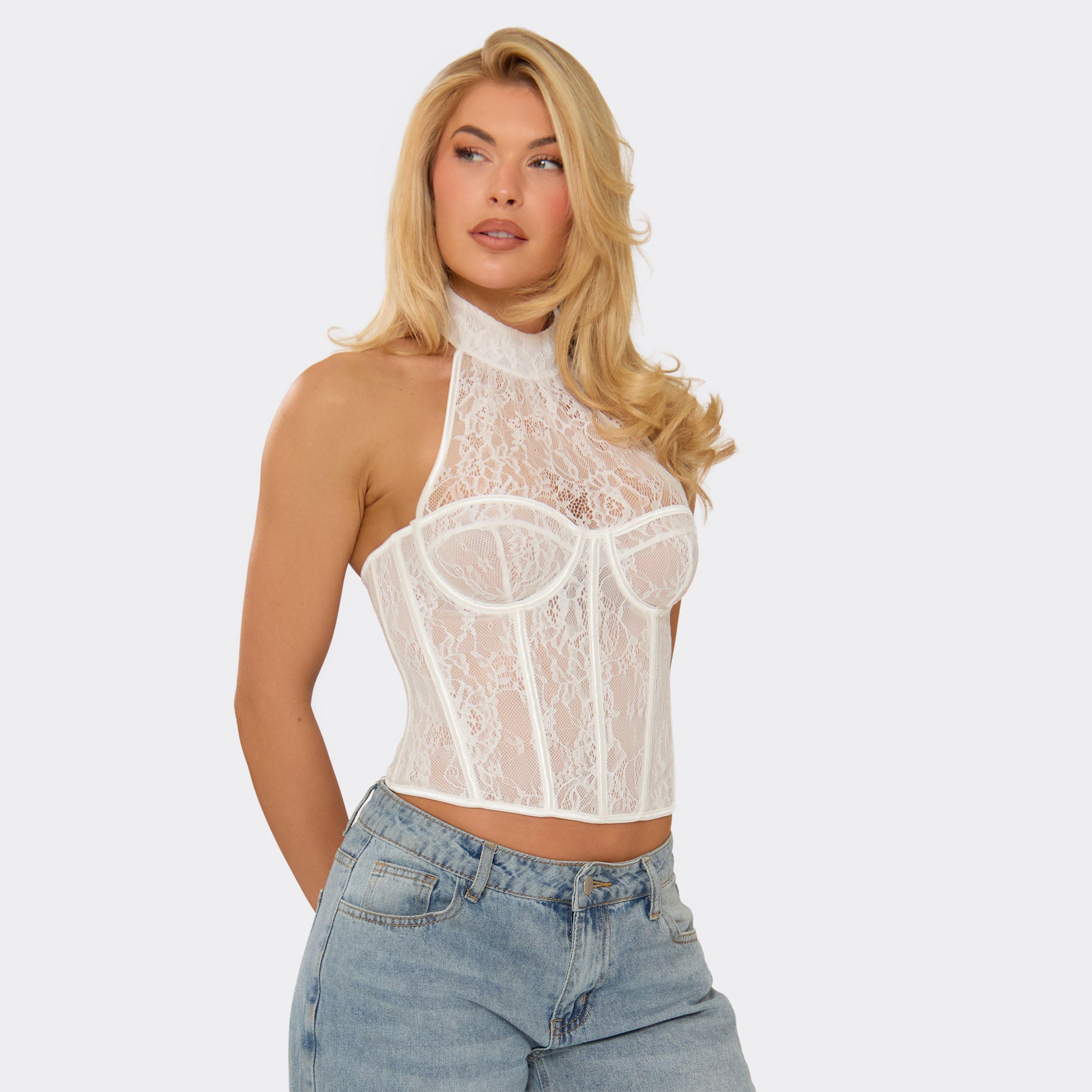 High Neck Underwired Corset Top In White Lace, Women’s