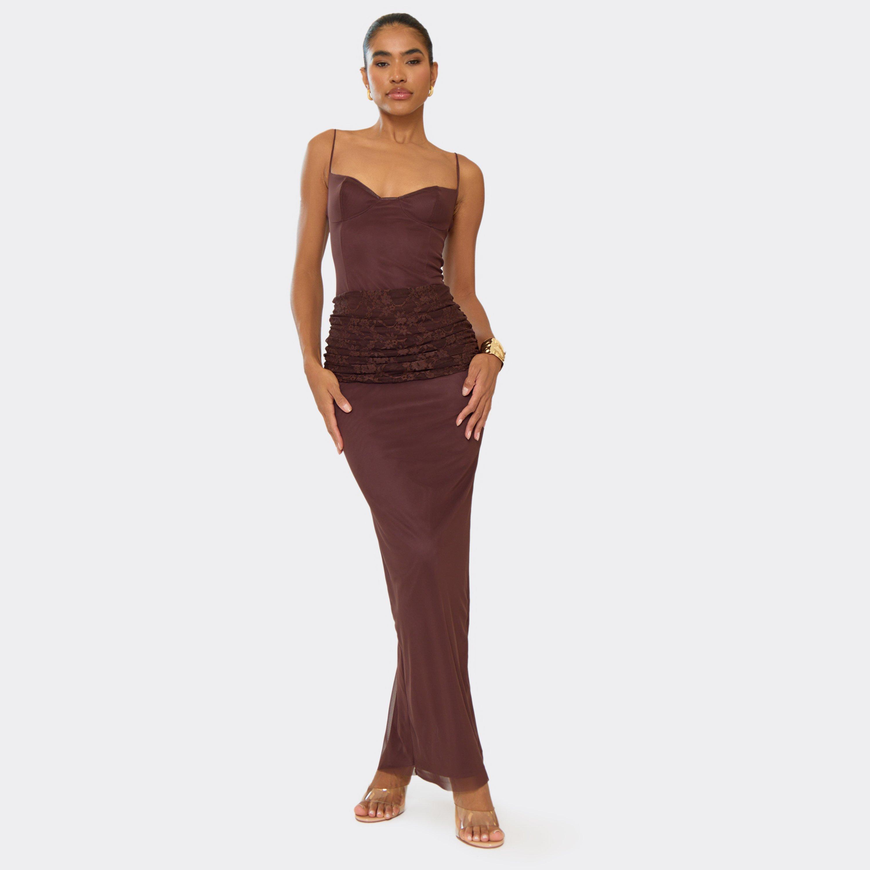 Strappy Cupped Contrast Lace Draped Panel Detail Maxi Dress In Chocolate Brown, Women’s
