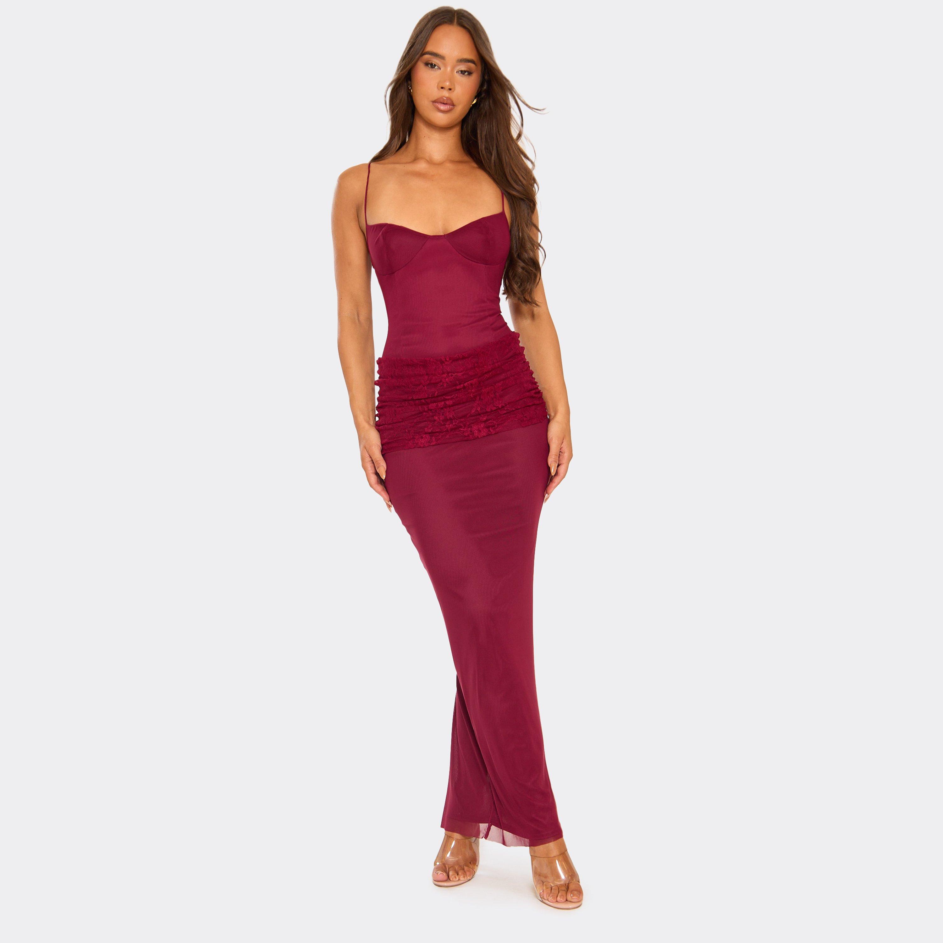 Strappy Cupped Contrast Lace Draped Panel Detail Maxi Dress In Burgundy, Women's Size UK 14