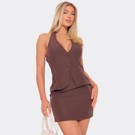 Halterneck Button Up Waistcoat Detail Mini Dress In Chocolate Brown, Women's Size US