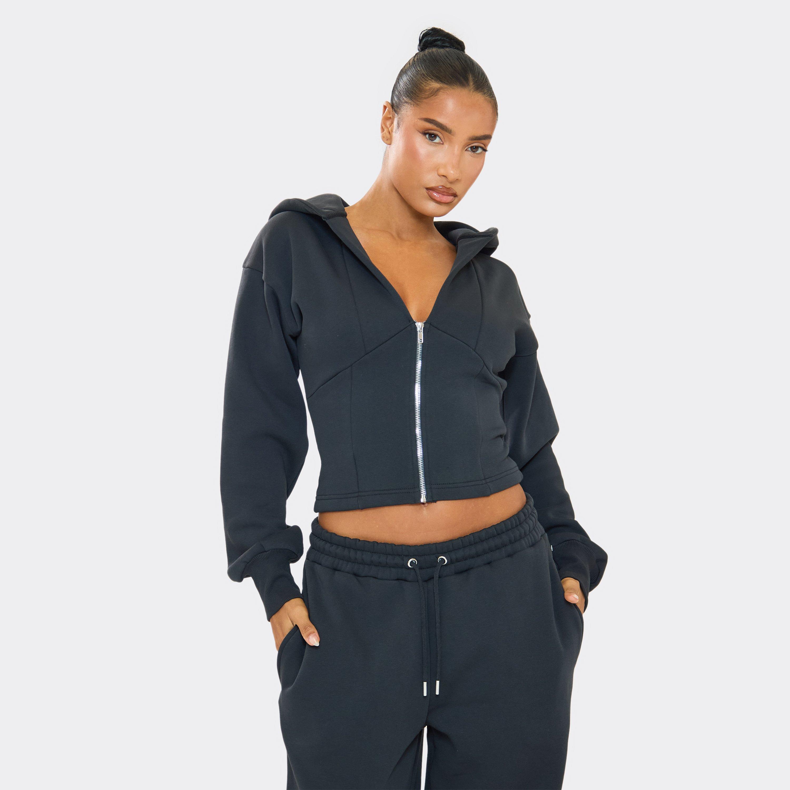 Long Sleeve Cinched Waist Zip Up Hoodie In Dark Navy, Women's Size UK 6