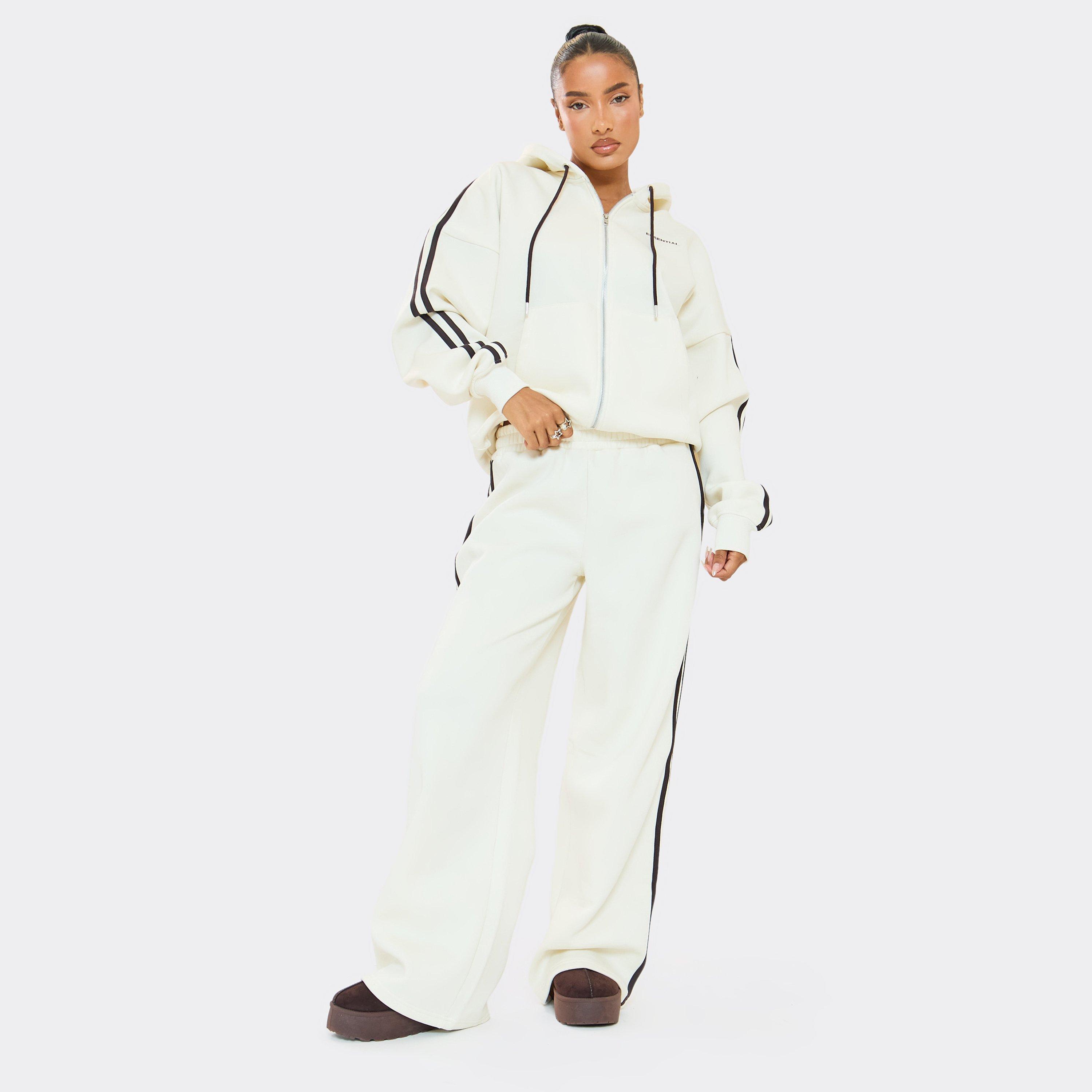 Mid Rise Contrast Stripe Detail Wide Leg Joggers In Cream, Women’s