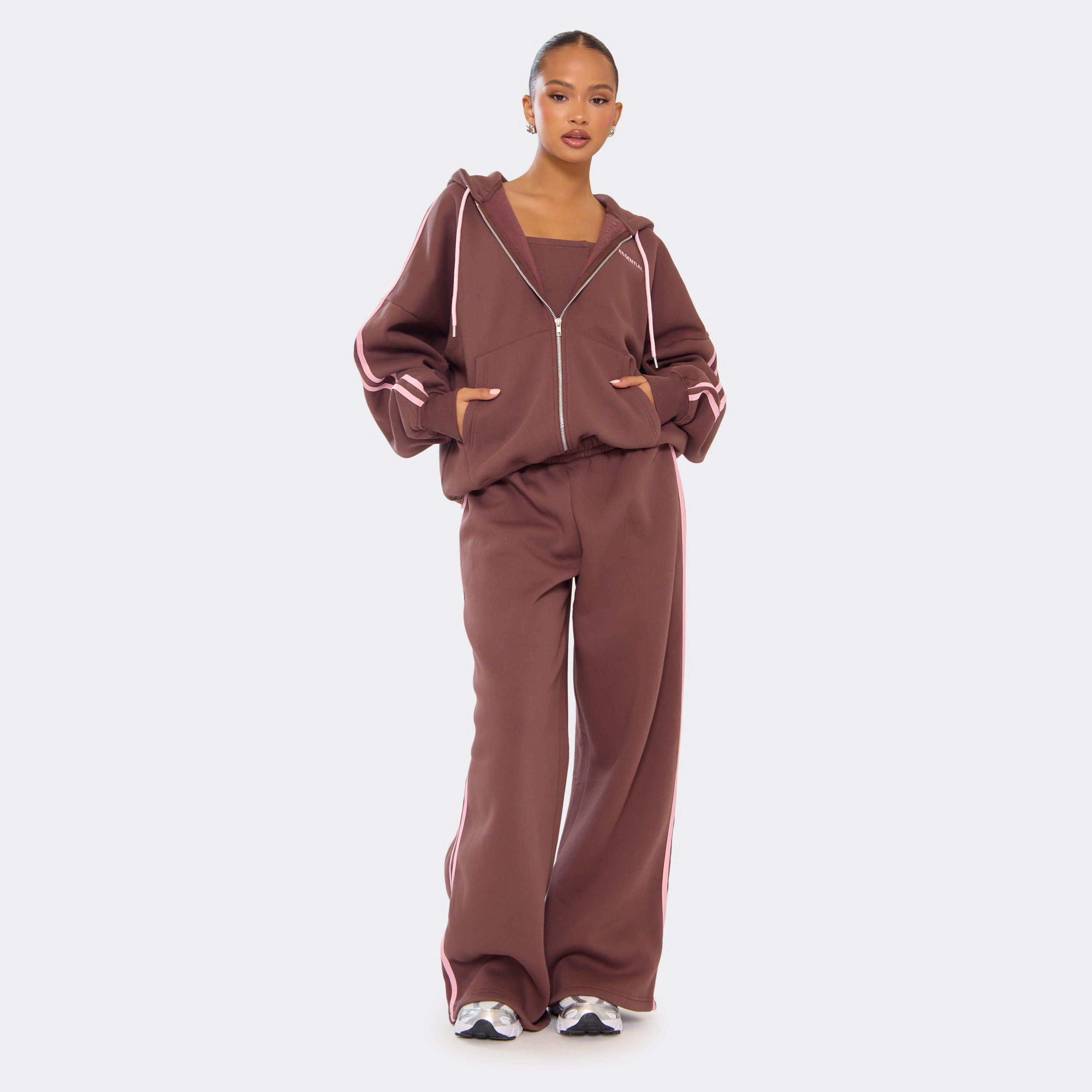 Mid Rise Contrast Stripe Detail Wide Leg Joggers In Chocolate Brown, Women’s