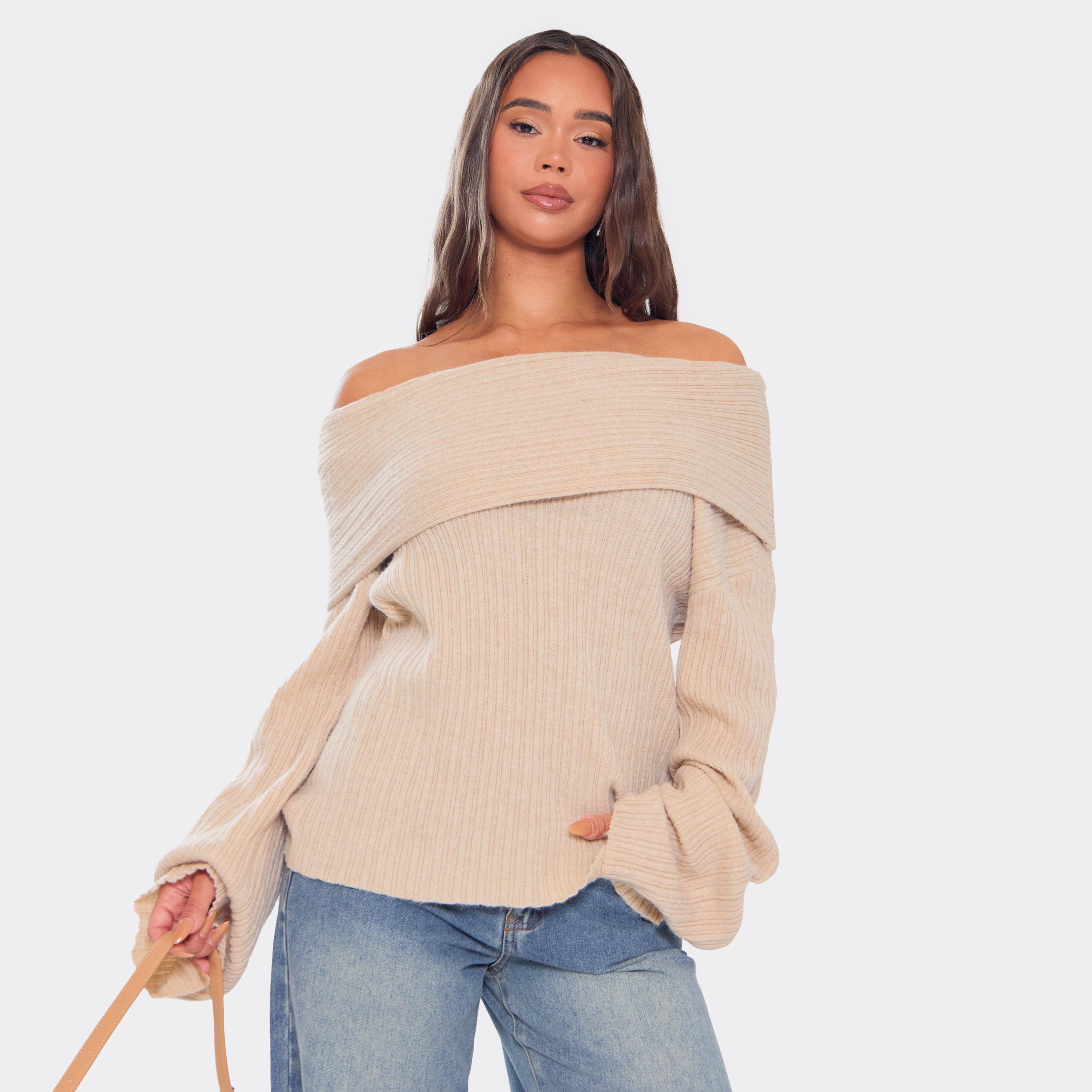 Bardot Fold Over Jumper In Beige Thick Rib Knit, Women's Size UK M