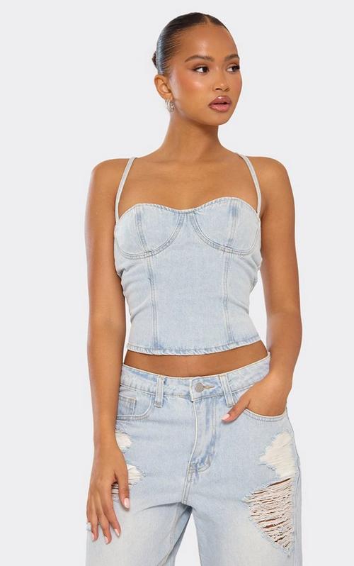 Square Neck Tie Front Cropped Corset Top In Blue Jacquard Floral
