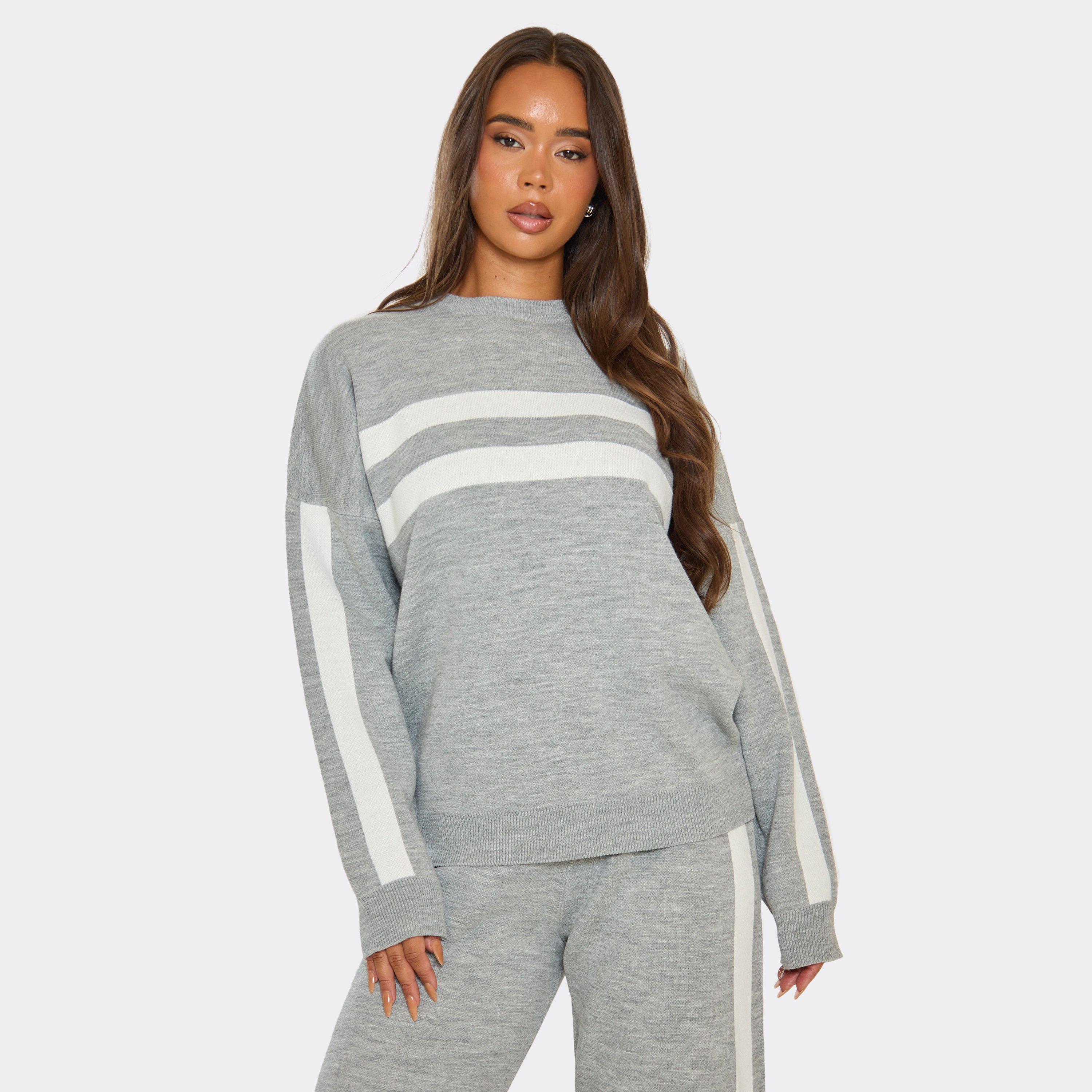 Long Sleeve Contrast Stripe Oversized Jumper In Grey Knit, Women's Size UK S