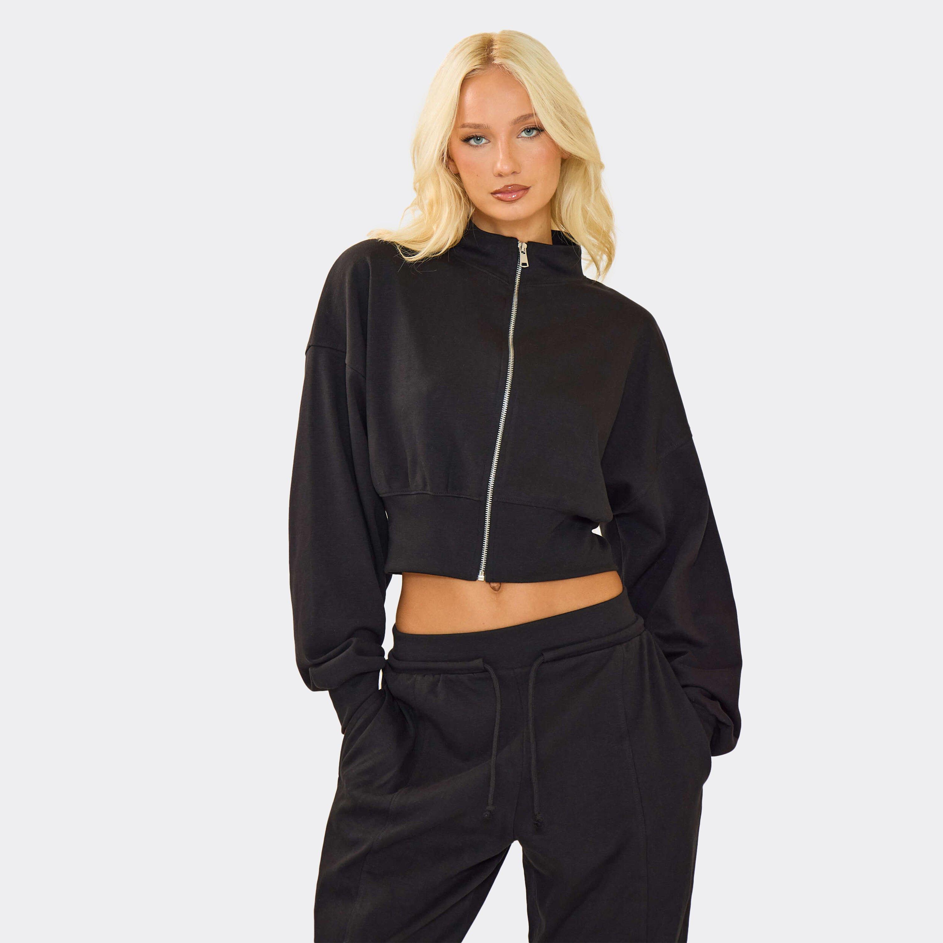Interlock Cinched Waist Zip Up Cropped Sweatshirt In Black, Women's Size UK 6