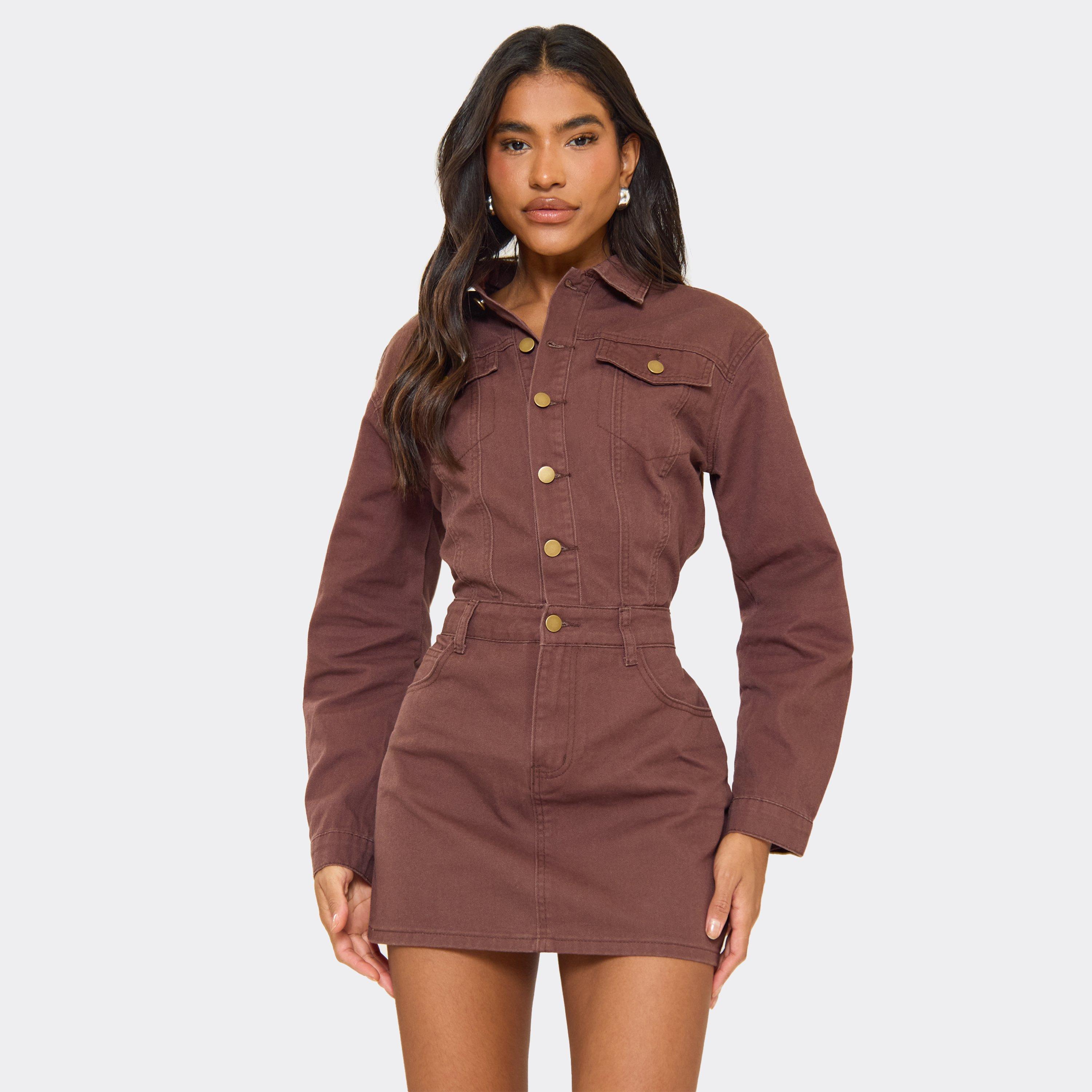 Long Sleeve Button Down Mini Dress In Chocolate Brown Denim, Women's Size UK 6