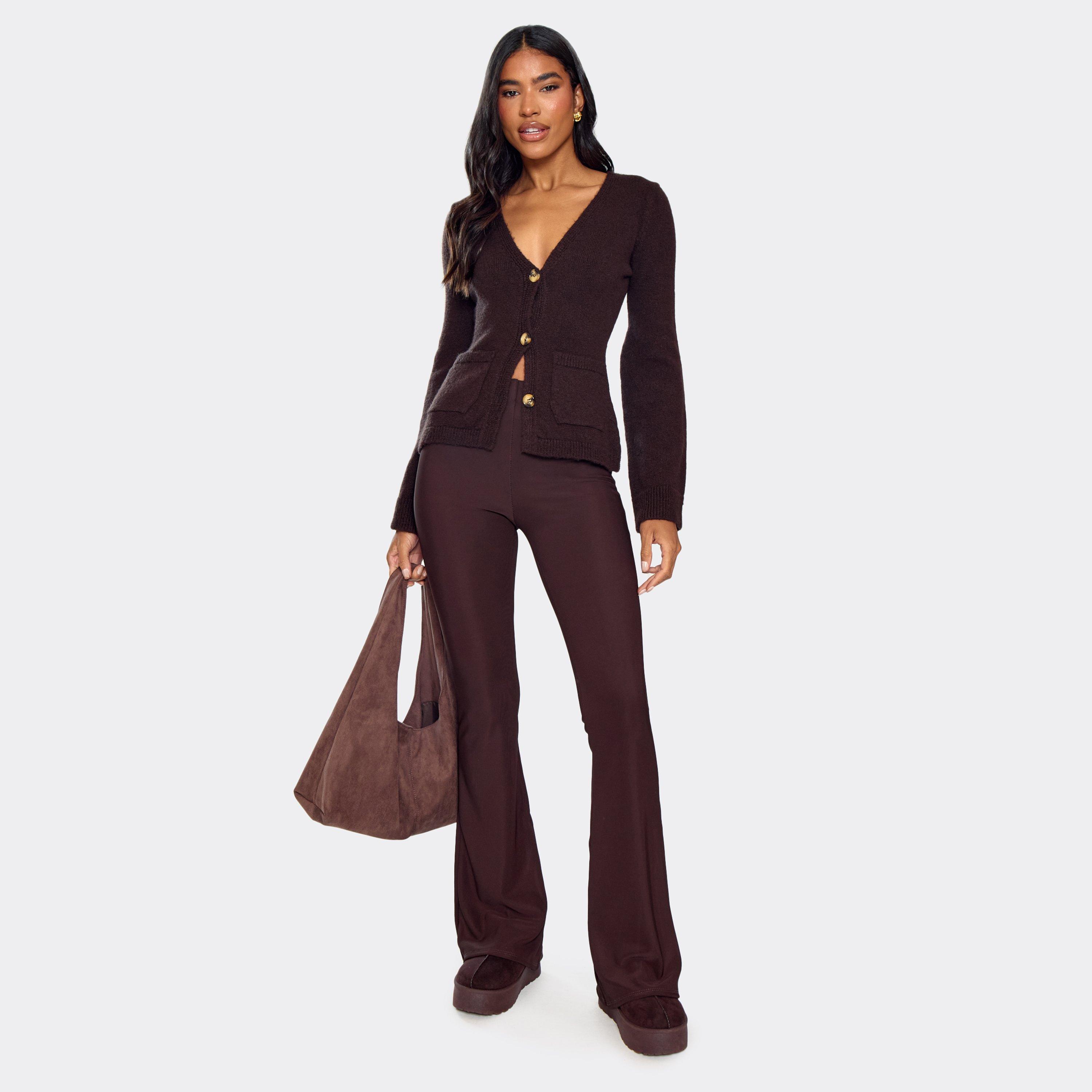 High Waist Flared Trousers In Chocolate Brown, Women's Size UK S