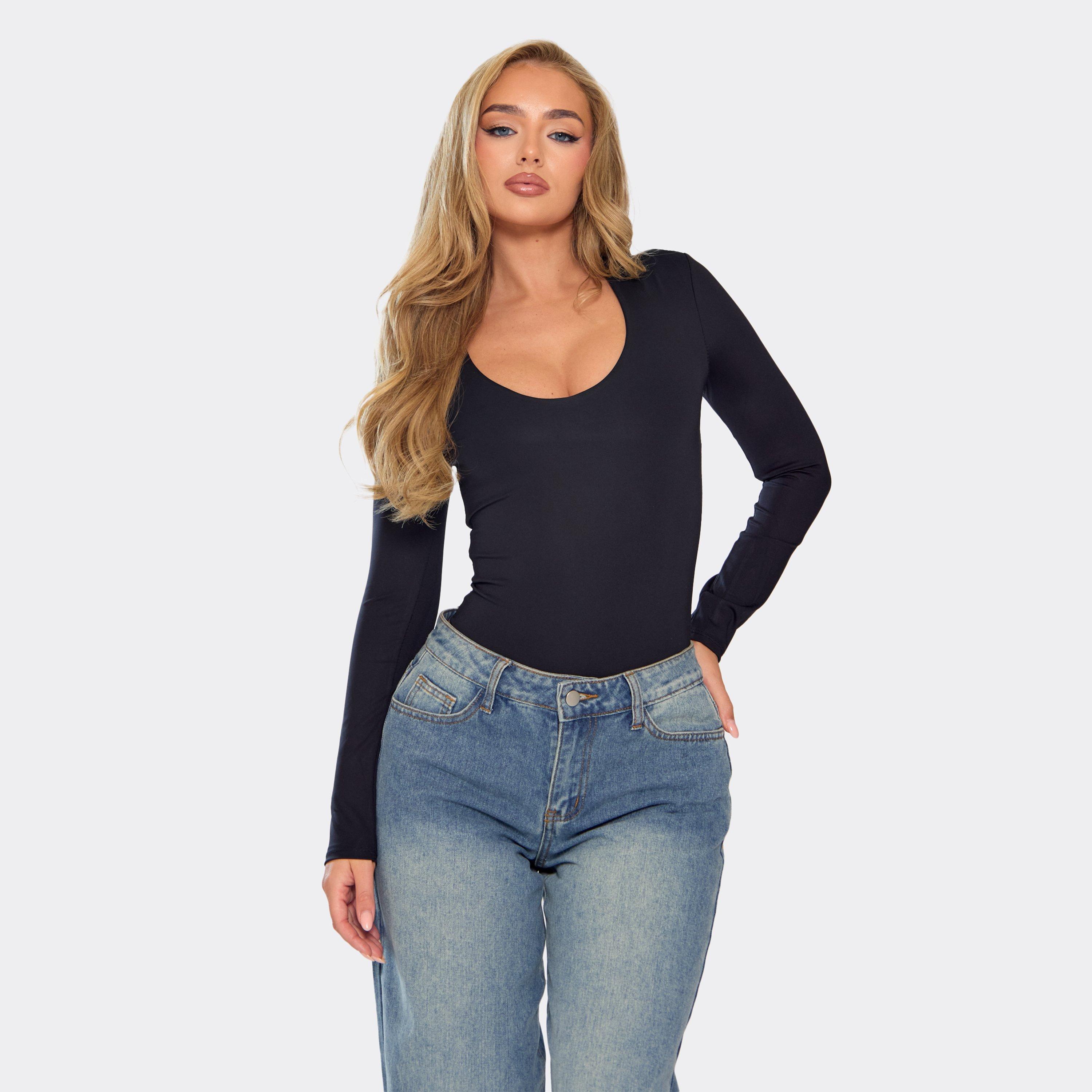 Long Sleeve Scoop Neck Bodysuit In Black, Women's Size UK L