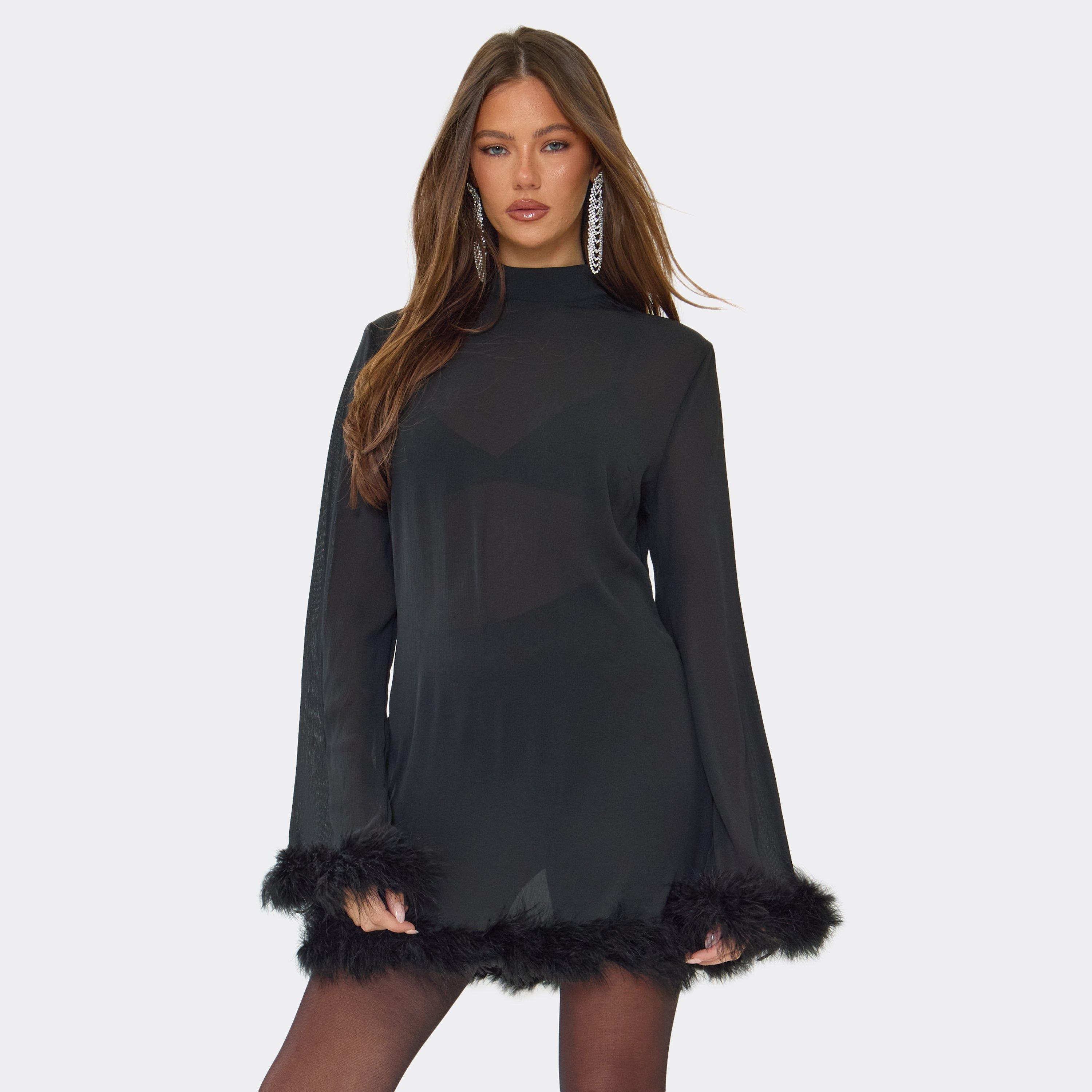 High Neck Long Sleeve Feather Trim Detail A-Line Mini Dress In Black, Women's Size UK 12