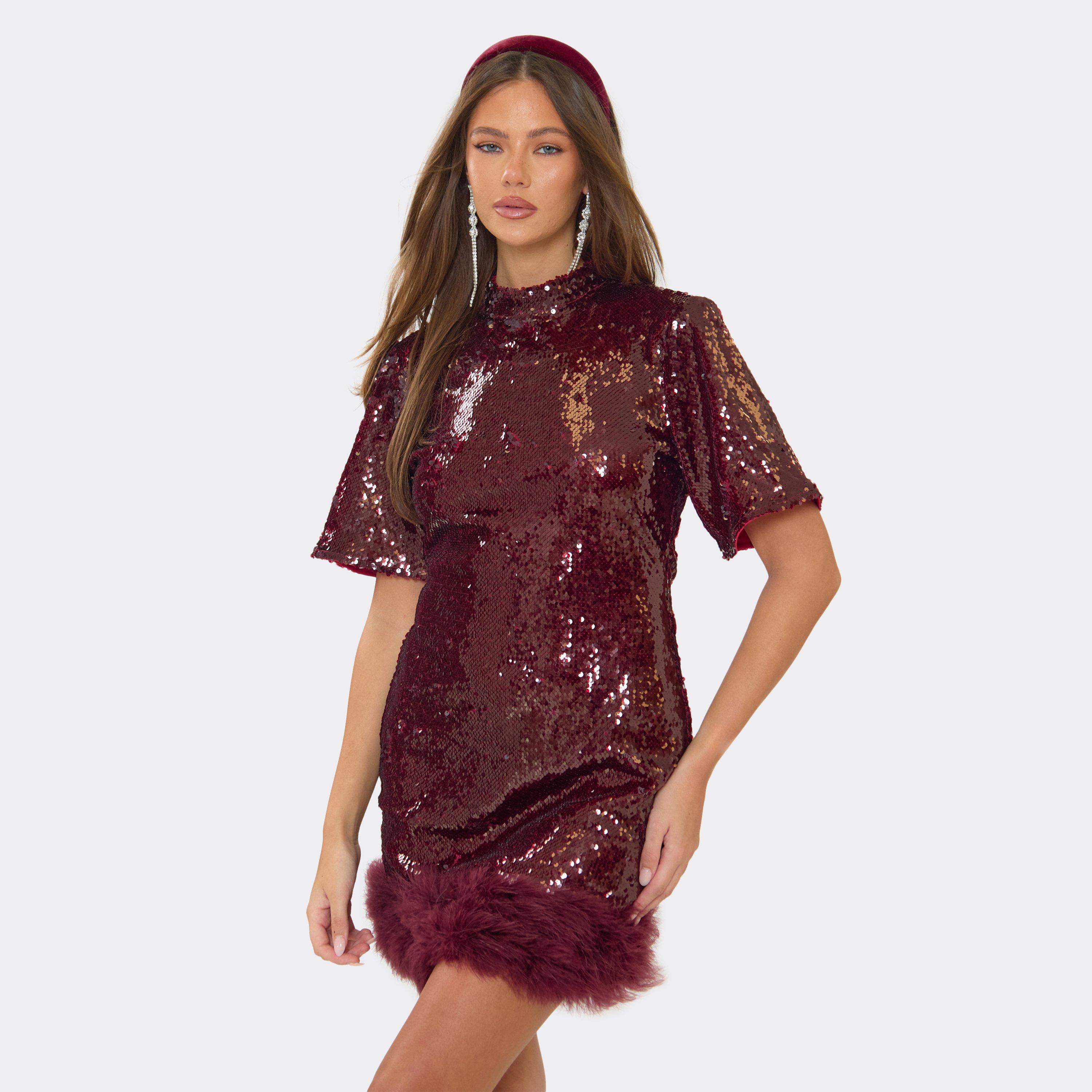 Short Sleeve High Neck Faux Feather Trim Mini Dress In Burgundy Sequin, Women’s