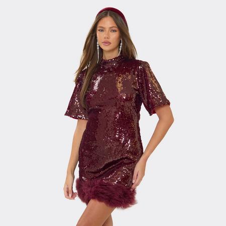Short Sleeve High Neck Faux Feather Trim Mini Dress In Burgundy Sequin, Women's Size US