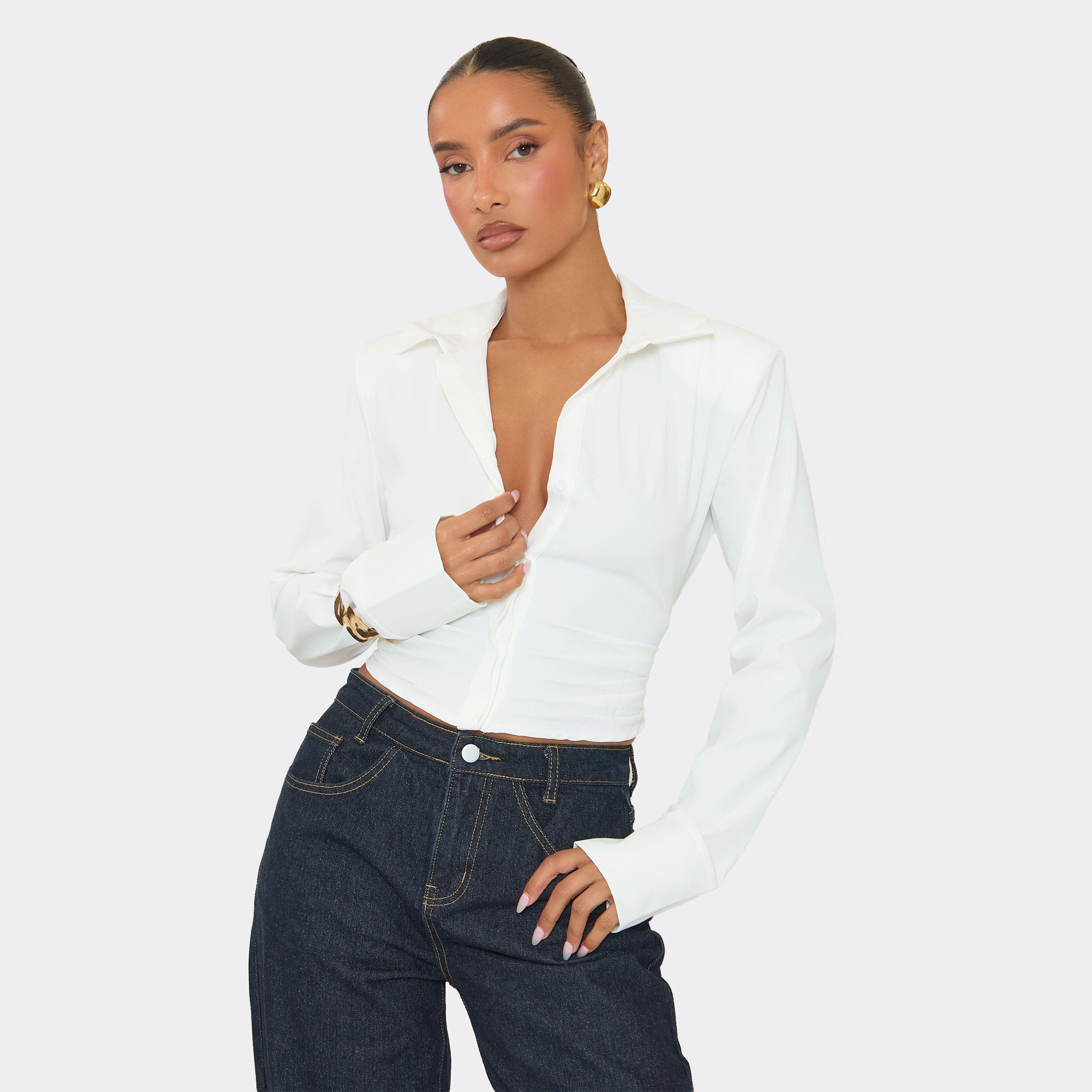 Long Sleeve Shoulder Pad Button Front Cinched Waist Shirt In White, Women's Size UK 14