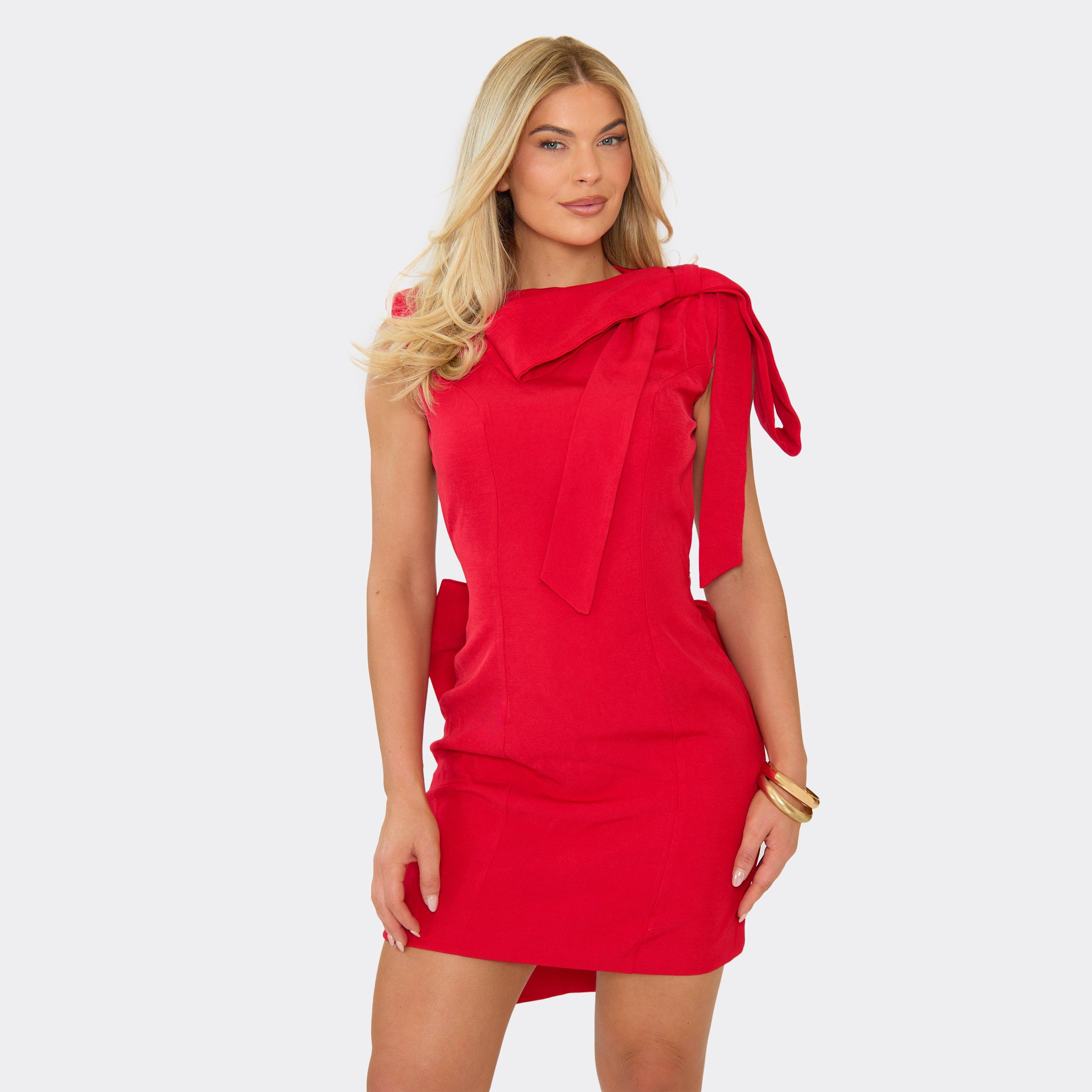 Sleeveless Oversized Bow Detail Open Back Mini Dress In Red, Women's Size UK 10