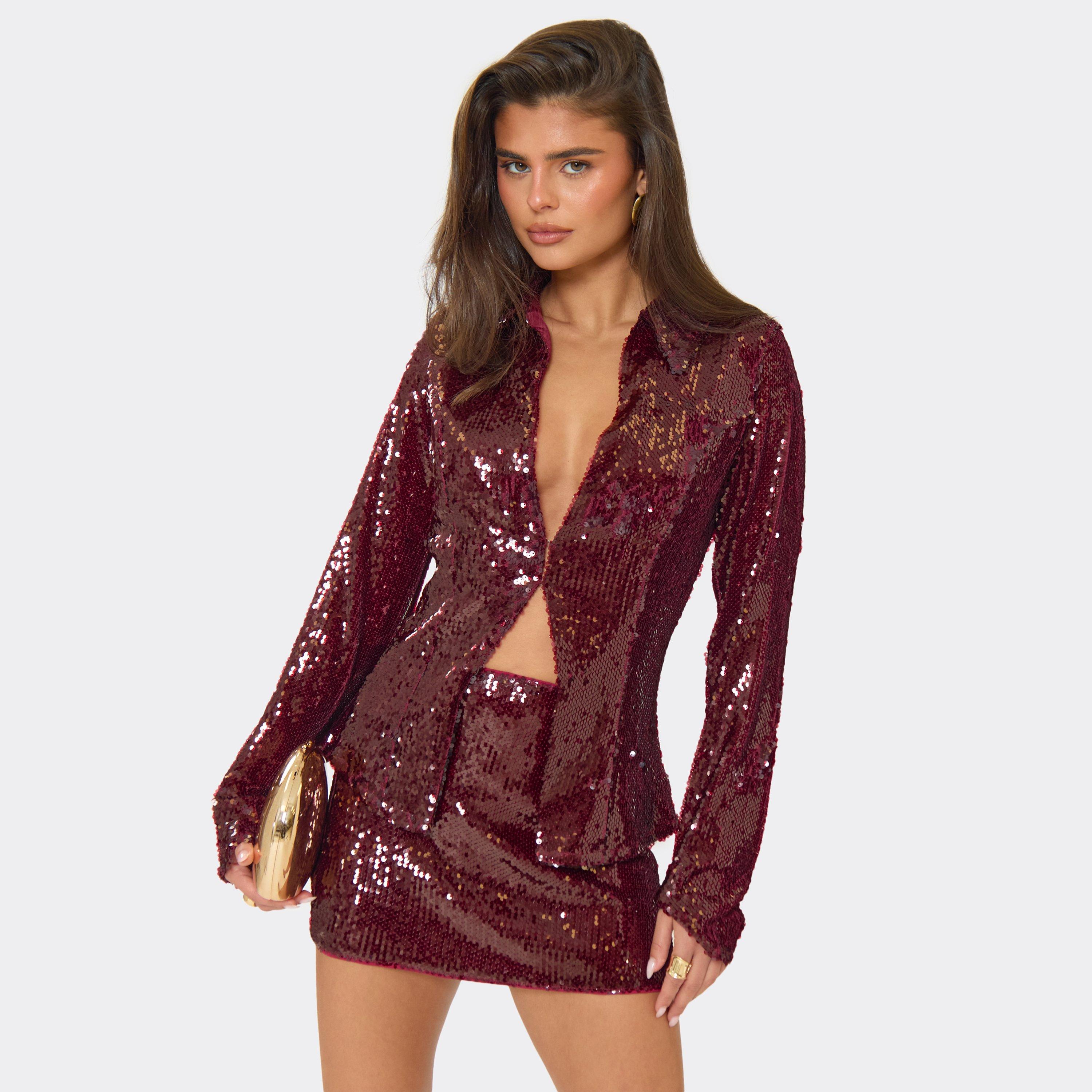 Image of Long Sleeve Plunge Front Collared Detail Top In Burgundy Sequin, Women's
