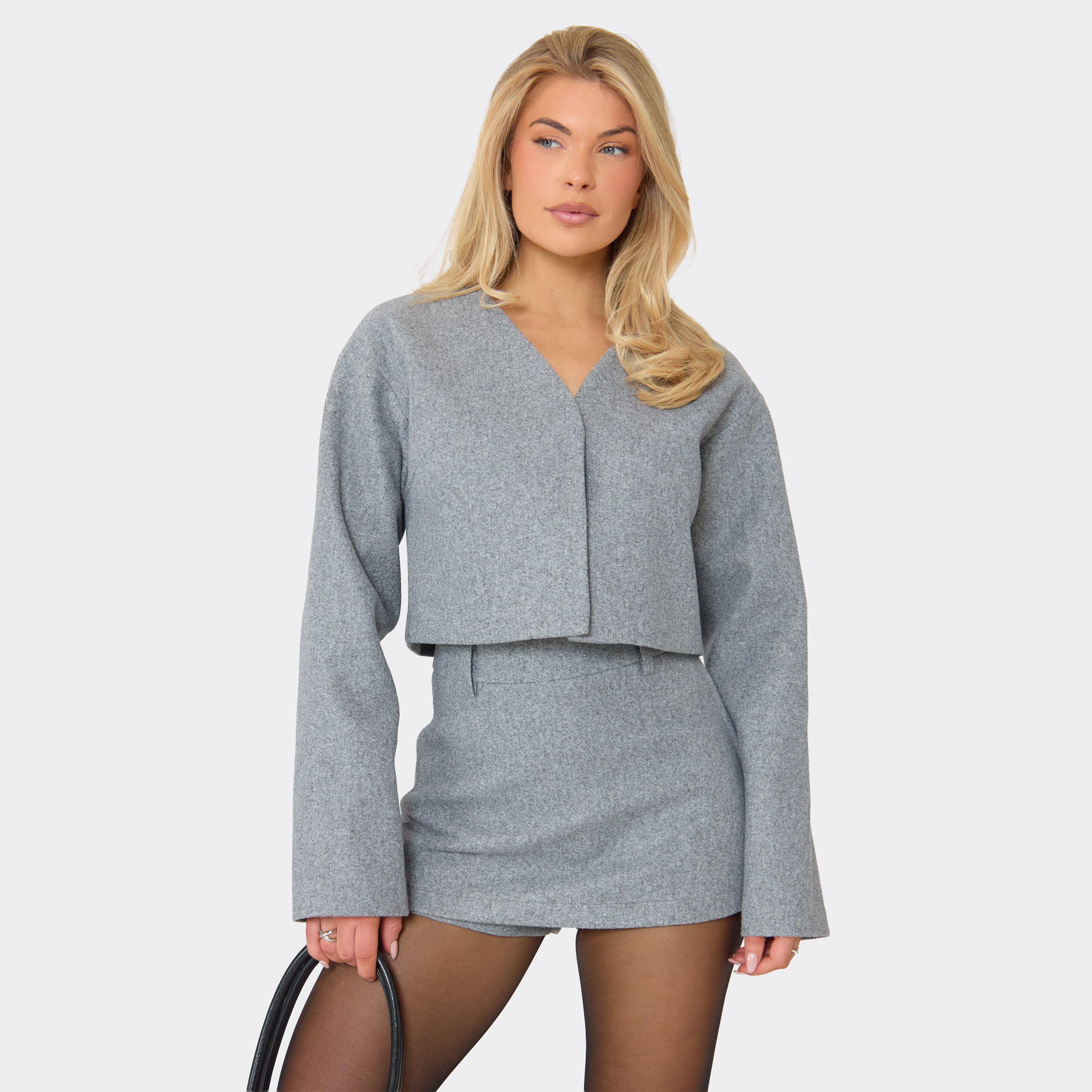 V Neck Wool Look Cropped Jacket In Grey, Women's Size UK 10