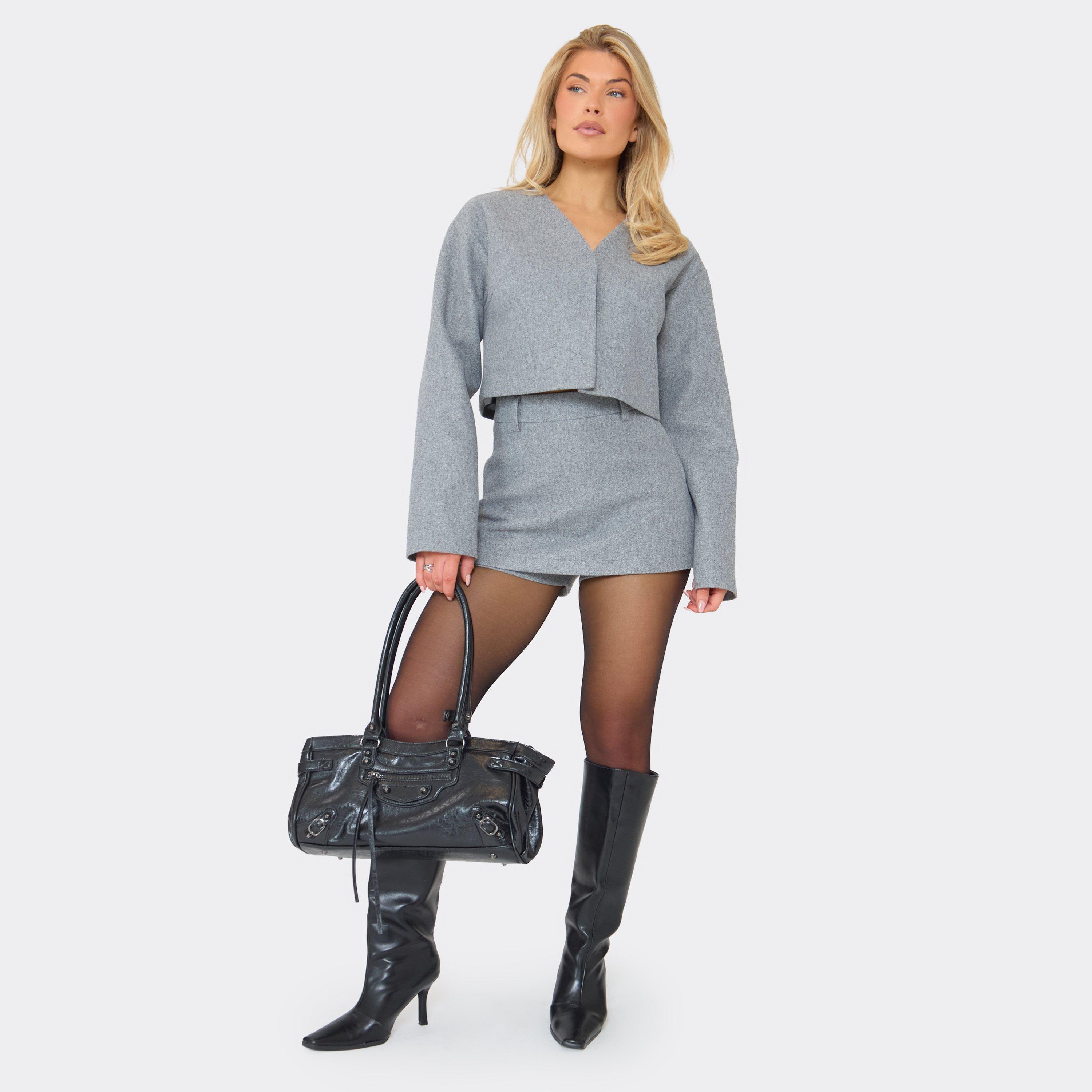 Mid Rise Wool Look Mini Skort In Grey, Women's Size UK 14