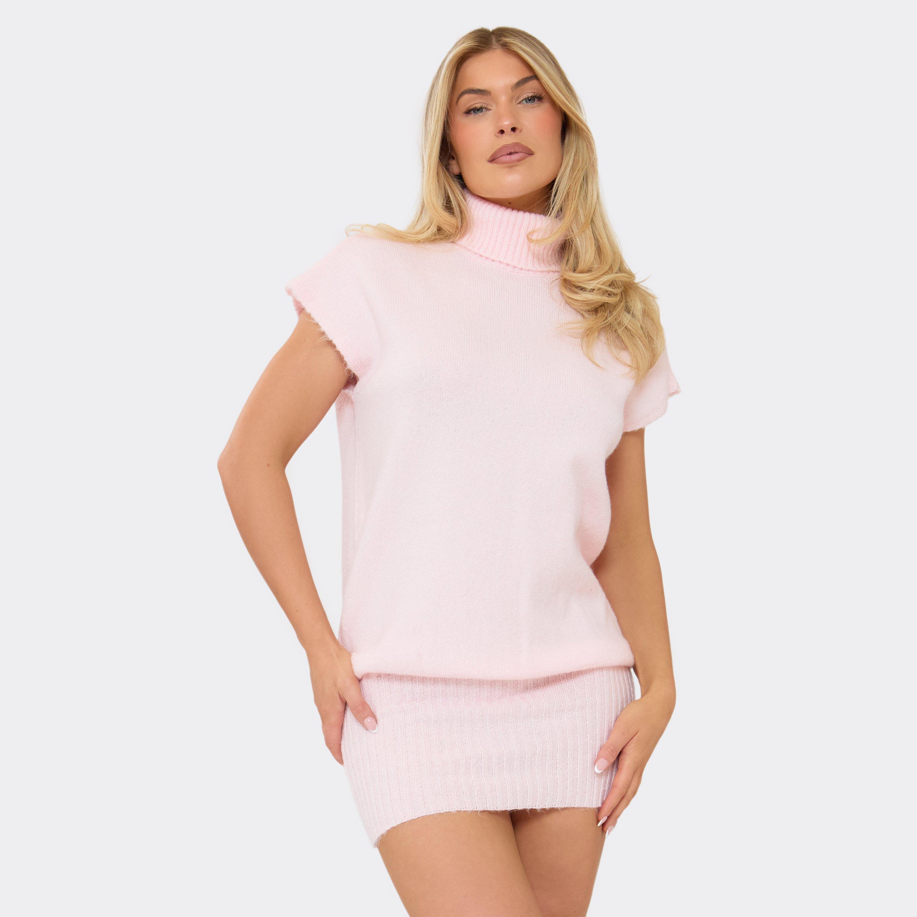 Short Sleeve Roll Neck Mini Dress In Pink Knit, Women’s