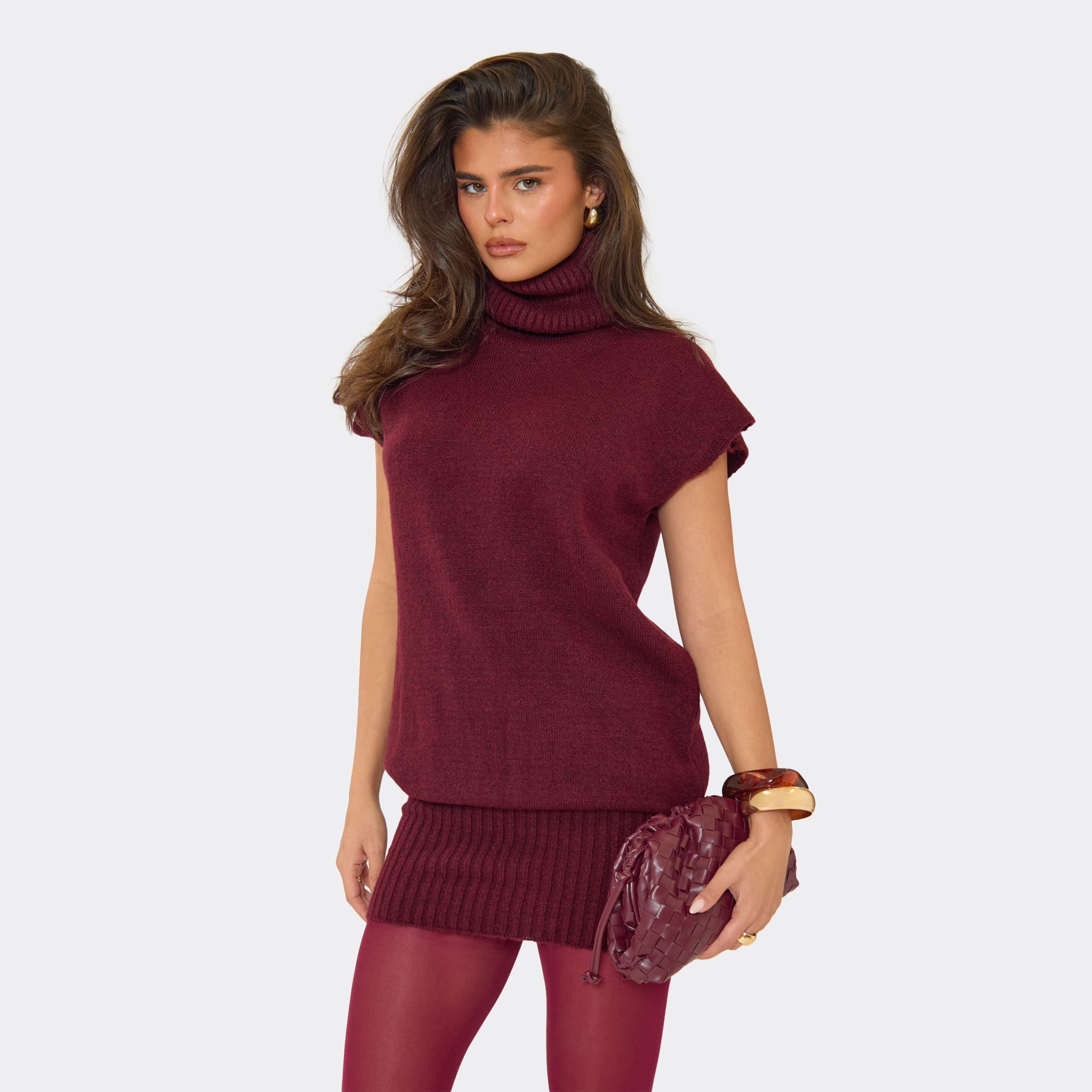 Short Sleeve Roll Neck Mini Dress In Burgundy Knit, Women’s