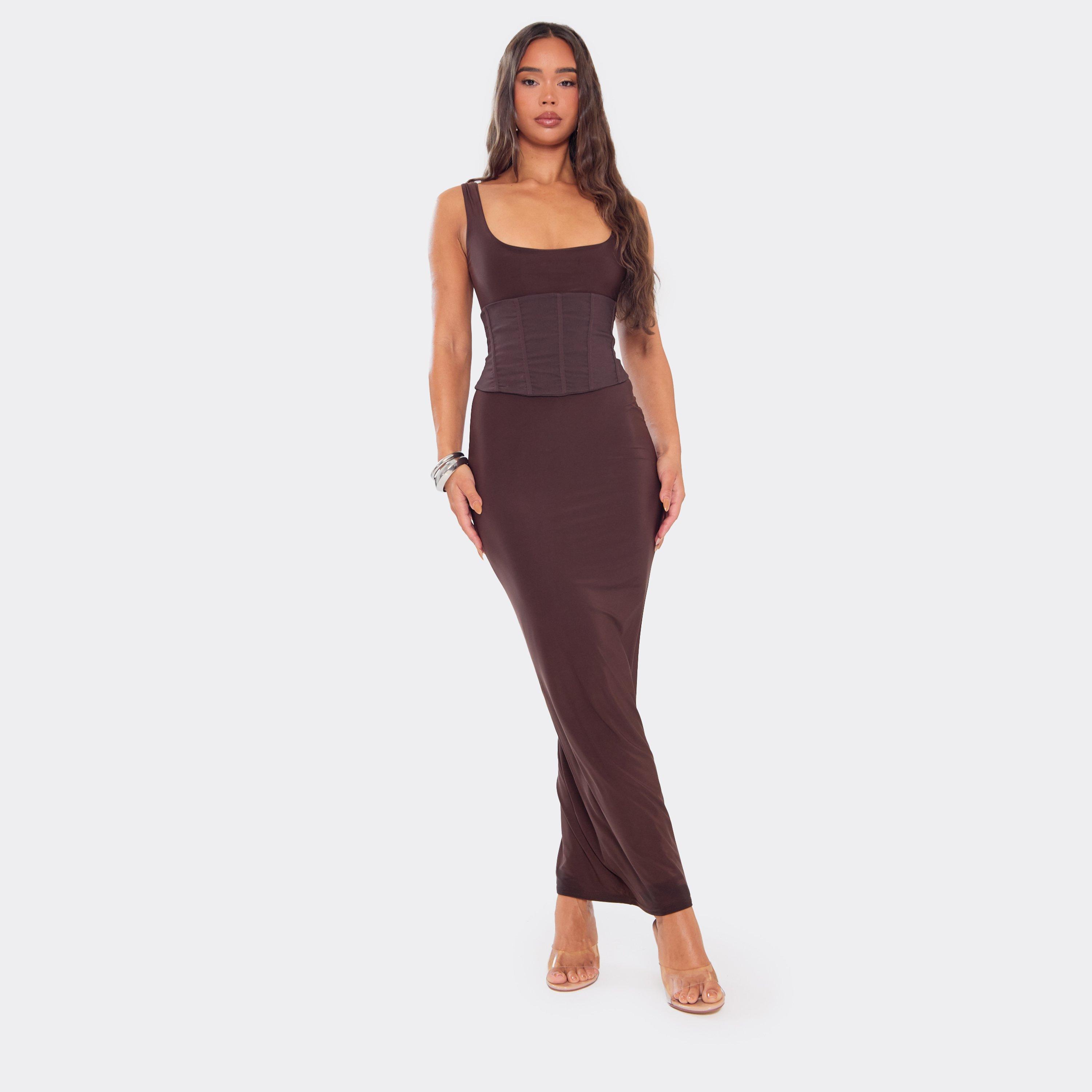 Square Neck Corseted Maxi Dress In Chocolate Brown Slinky, Women’s