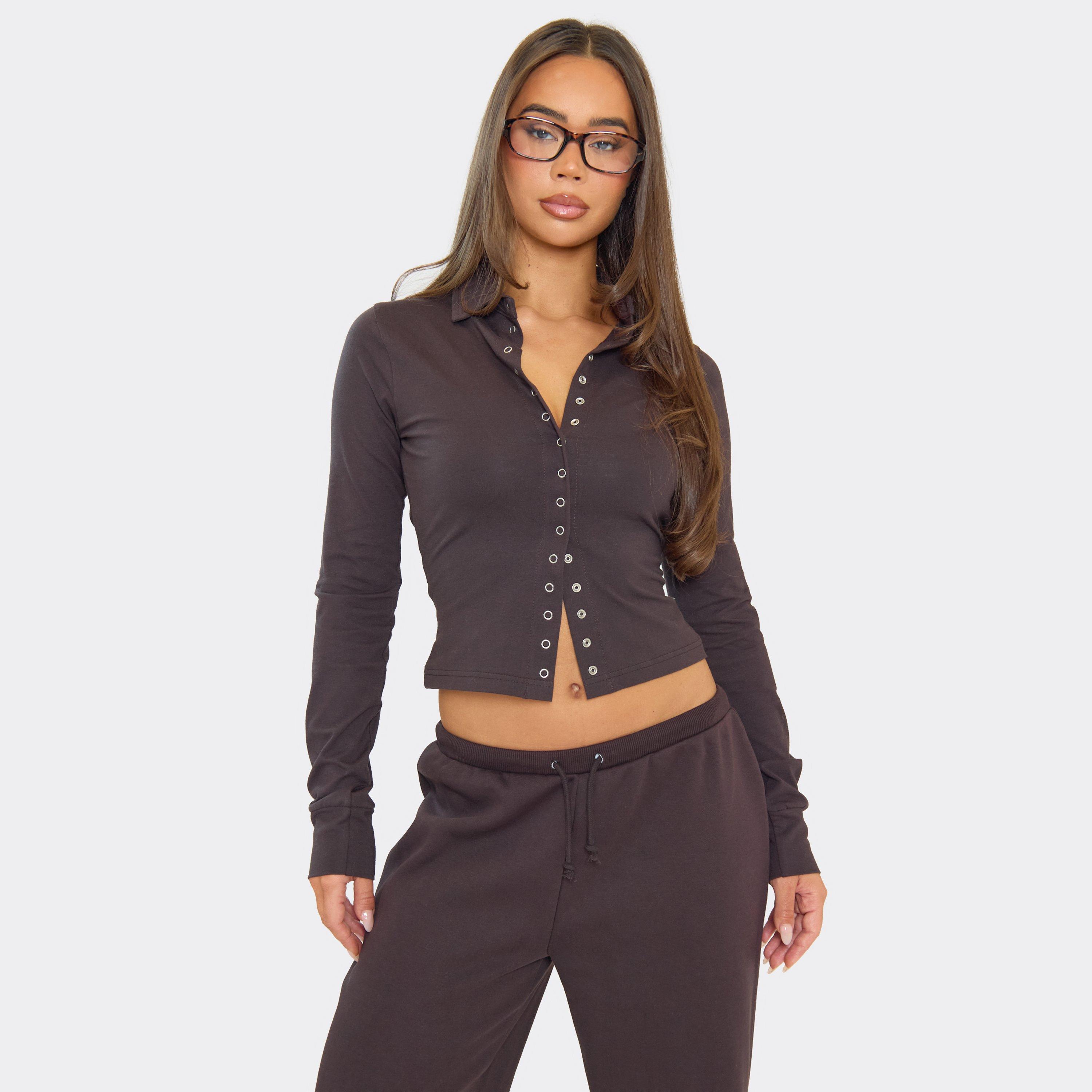 Image of Long Sleeve Collared Popper Detail Top In Chocolate Brown, Women's