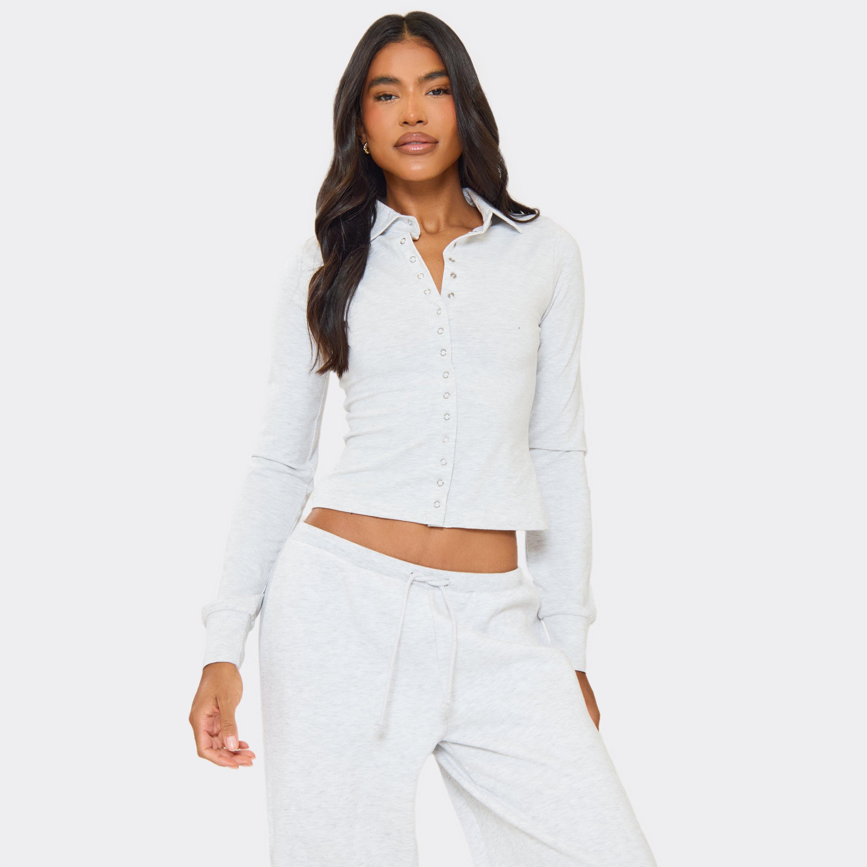 Long Sleeve Collared Popper Detail Top In Light Grey Marl, Women's Size UK 4