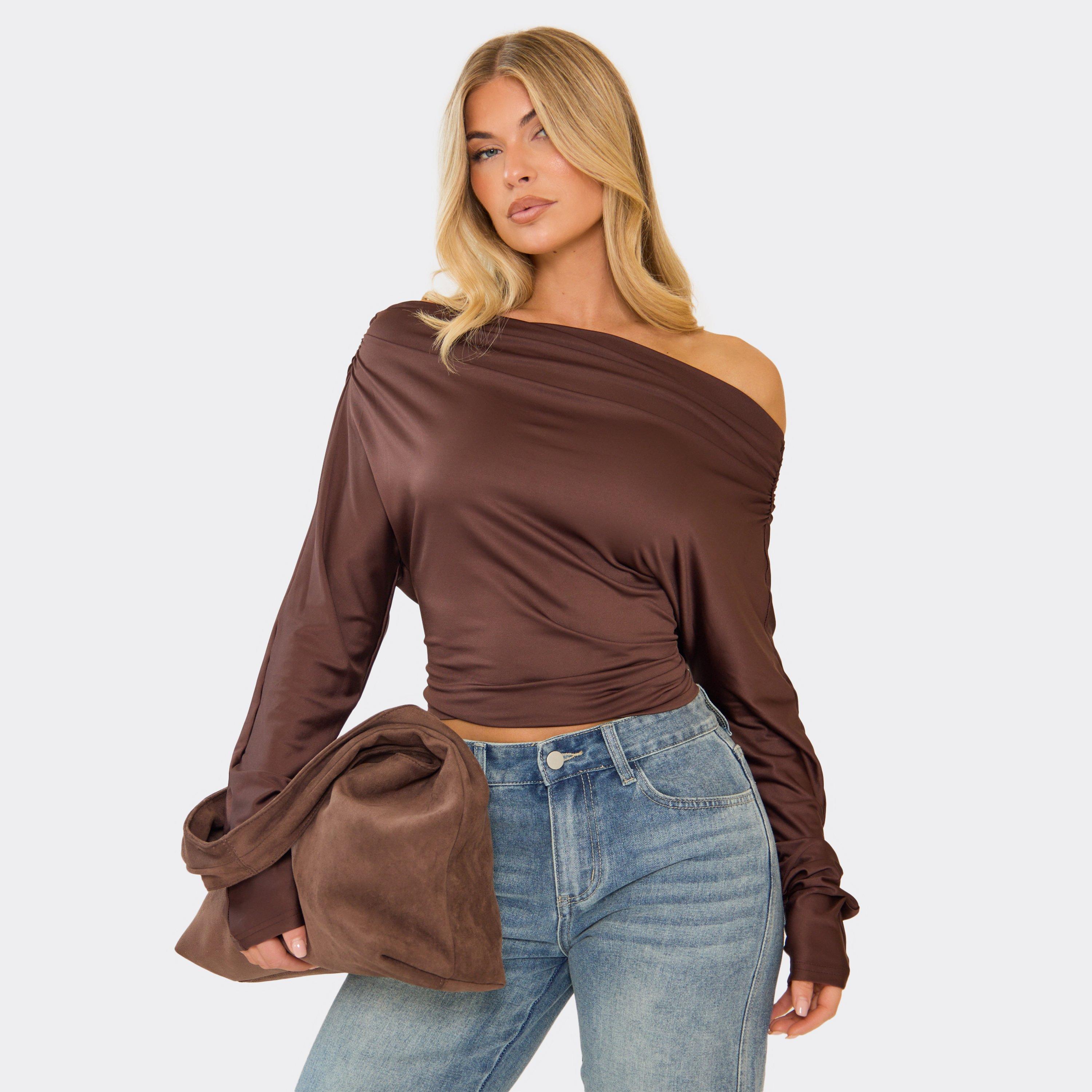 Long Sleeve Slash Neck Top In Chocolate Brown, Women's Size UK M