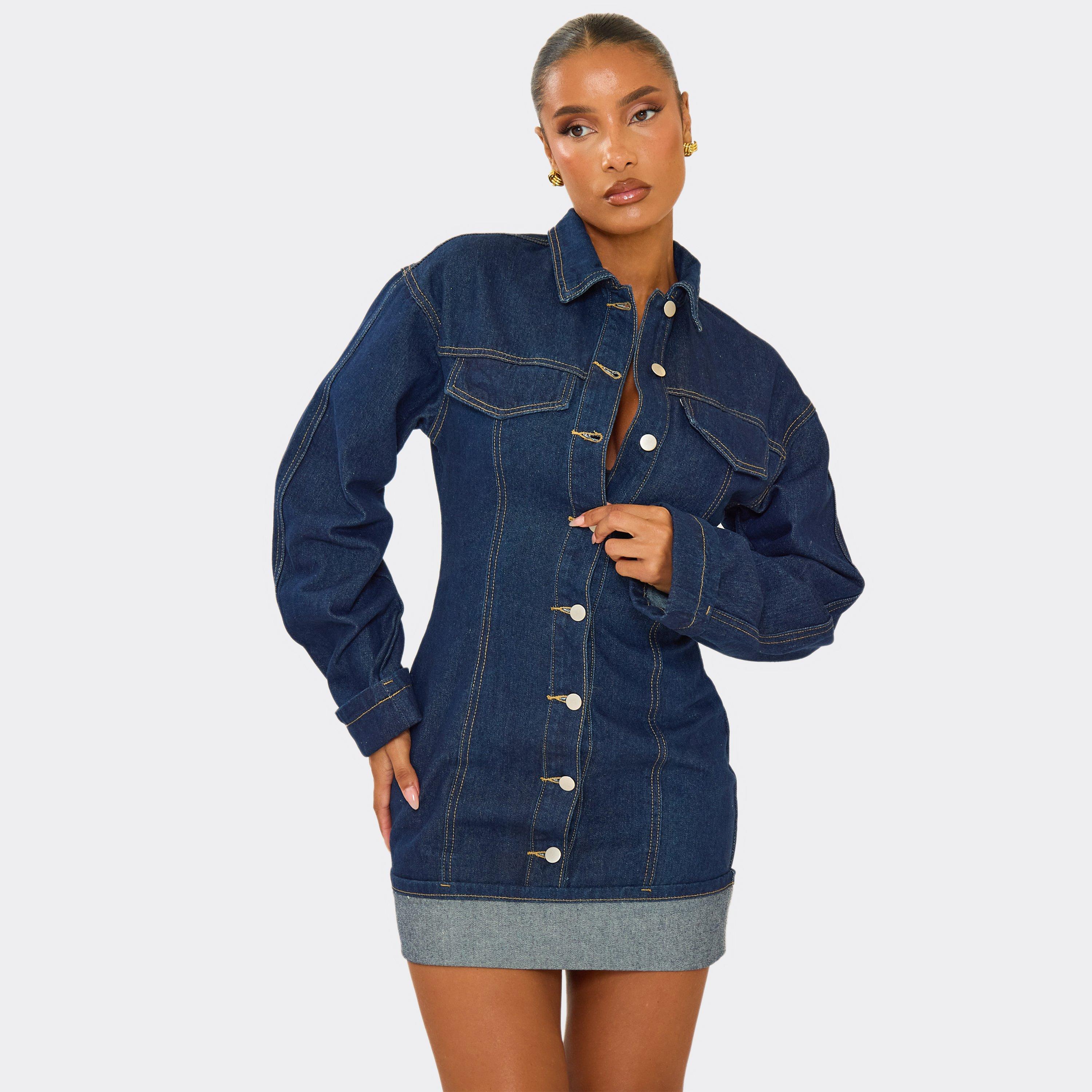Cinched Waist Button Down Turn Up Hem Detail Mini Dress In Indigo Blue Denim, Women's Size UK 8