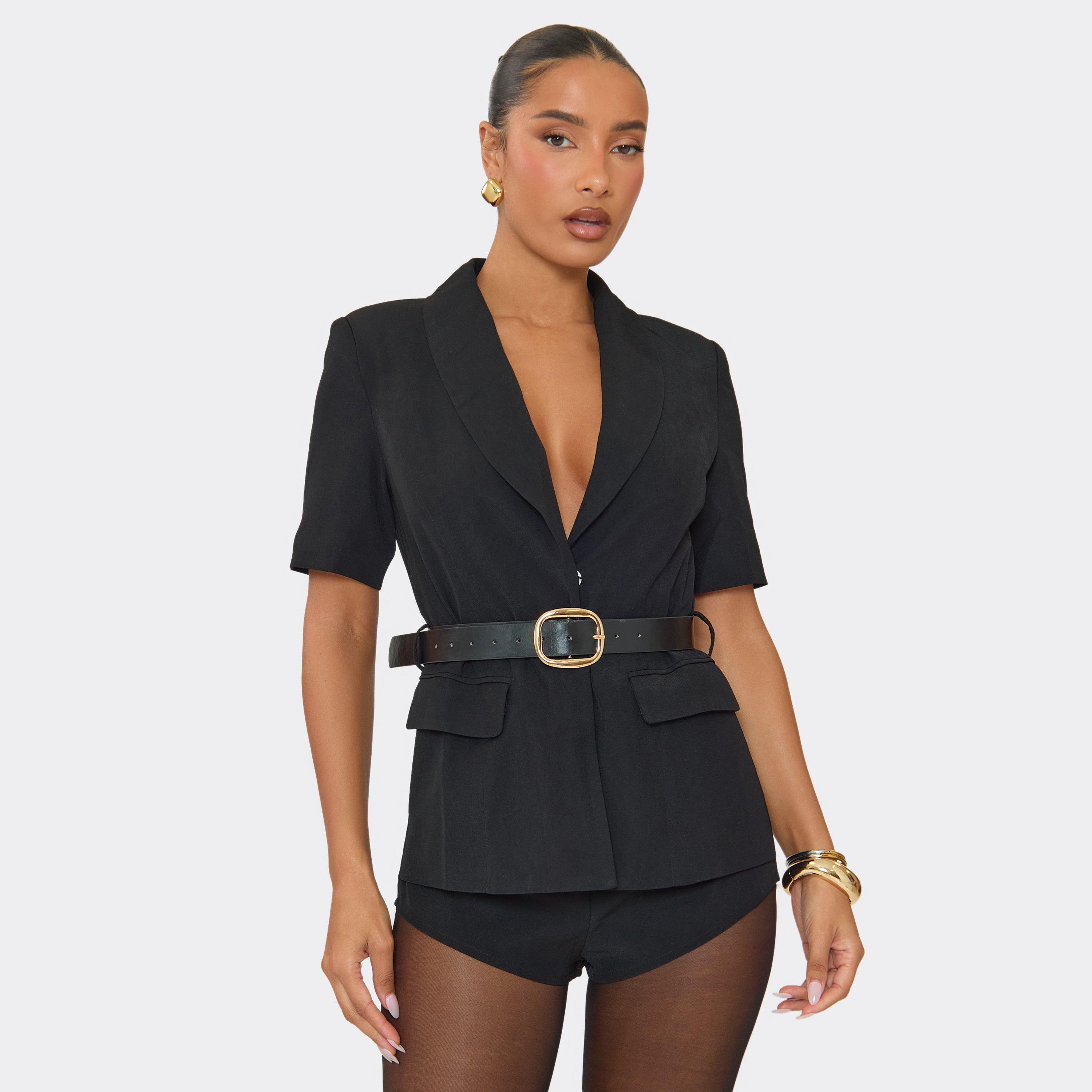 Image of Plunge Neck Short Sleeve Belted Tailored Playsuit In Black, Women's
