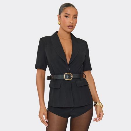 Plunge Neck Short Sleeve Belted Tailored Playsuit In Black, Women's Size US