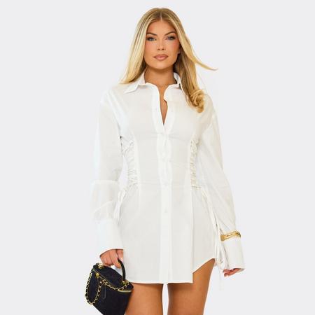 Long Sleeve Button Corset Tie Detail Shirt Dress In White, Women's Size US