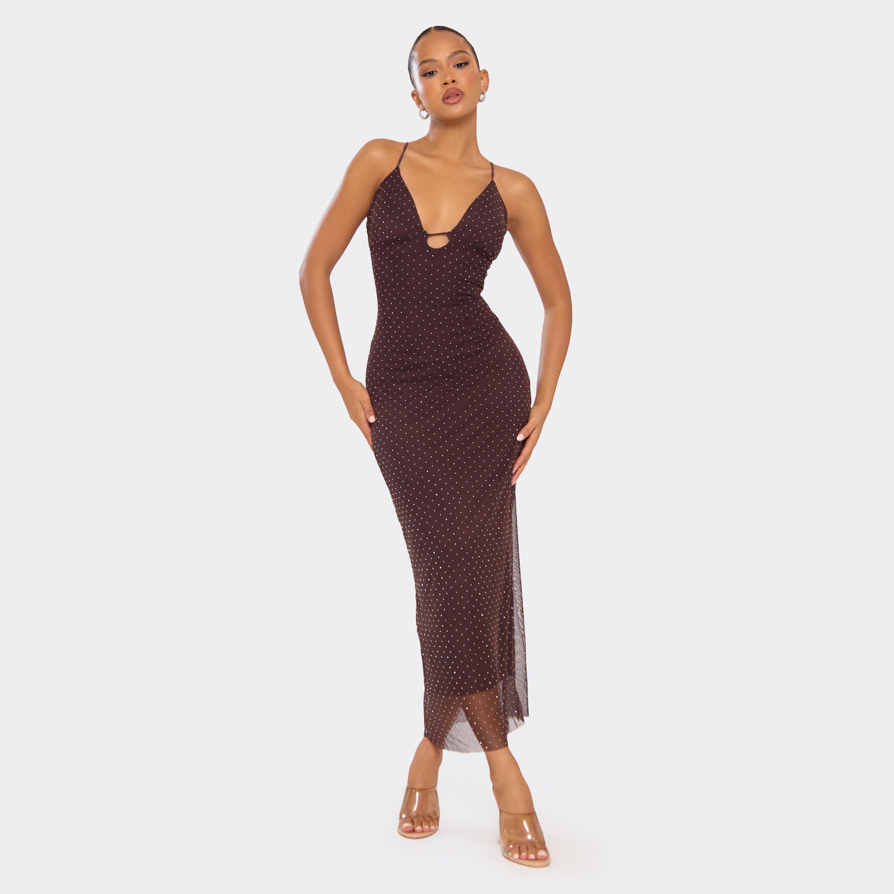 Strappy Plunge Detail Fitted Midi Dress In Chocolate Brown Diamante, Women’s